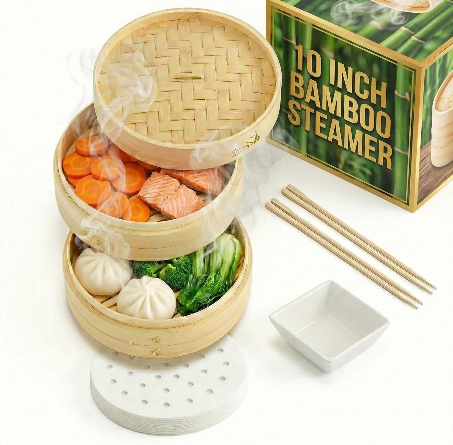 Bamboo Steamer Basket 10-Inch | 2-Tier Steamer for Cooking | 50 Liners, Chops…