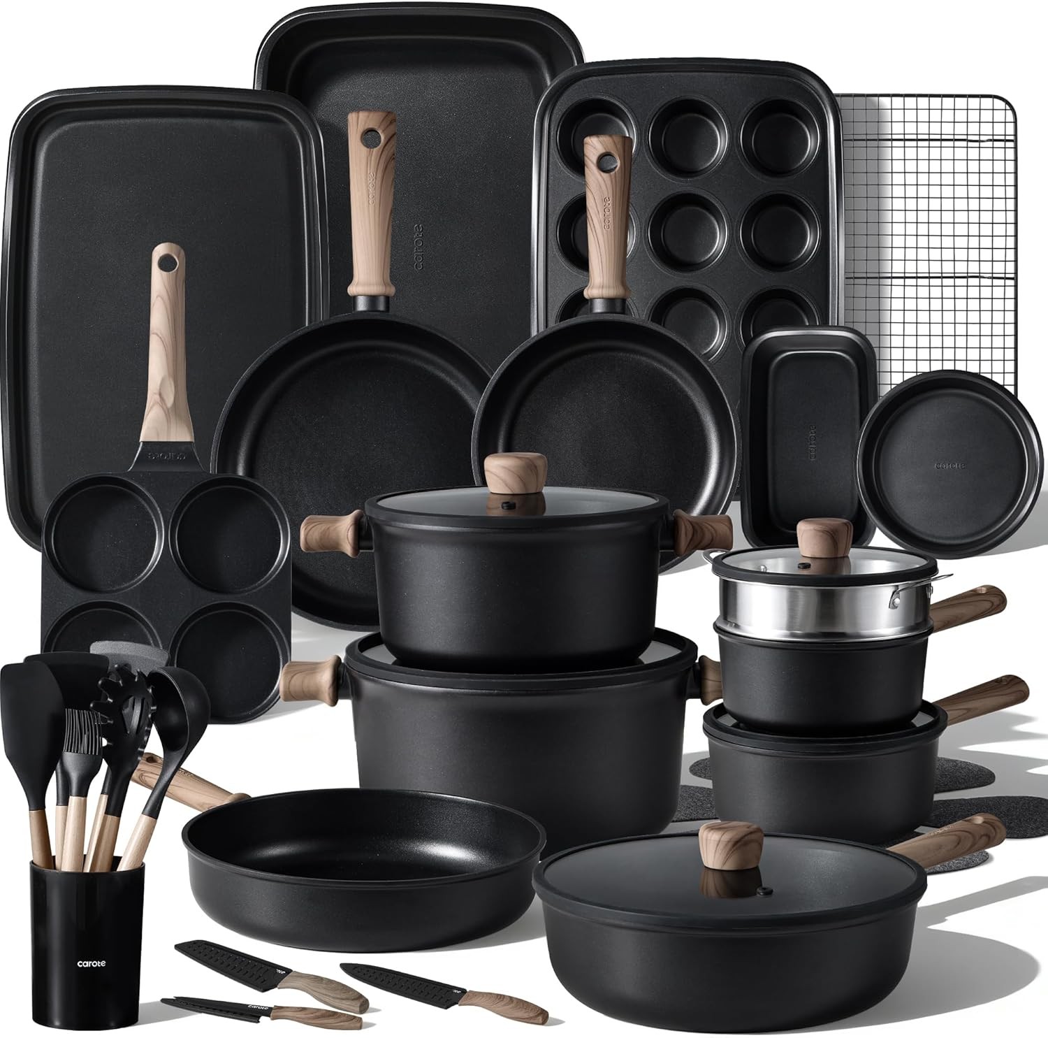 CAROTE 44pcs Nonstick Kitchen Titanium Cookware Sets, Nonstick Pots and Pans, In