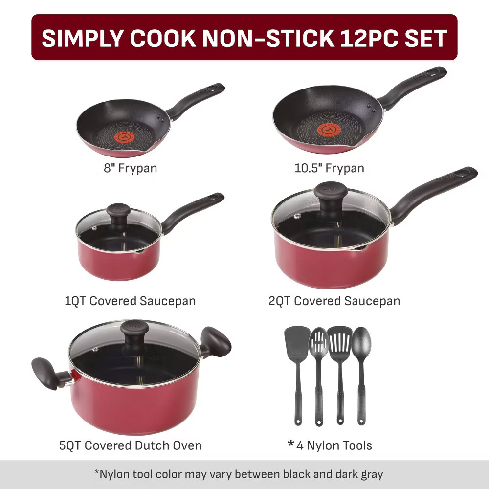 T-Fal 12pc Simply Cook Nonstick Cookware Set Red: Aluminum Ergonomic