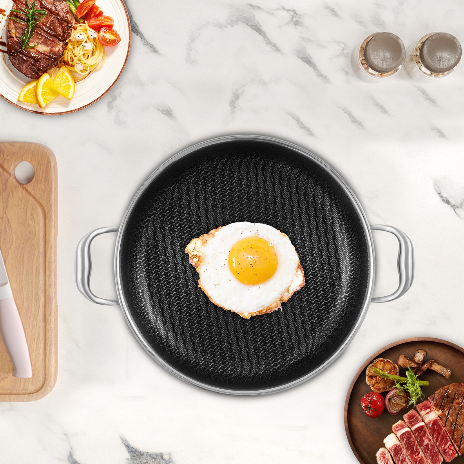 Flat-Bottomed Frying Pan with 2 Handle, Kitchen Round Flat-Bottomed Frying Pan
