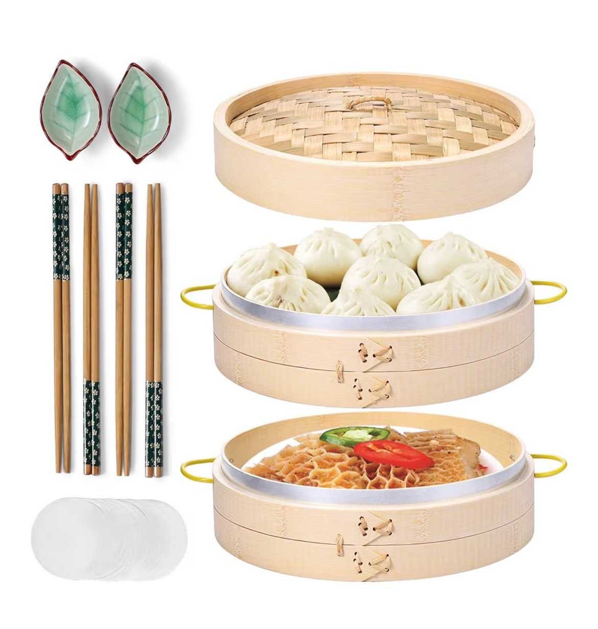 10″ Bamboo Steamer Basket Set – 2 Tier Dumpling Steamer with Handles & Liners