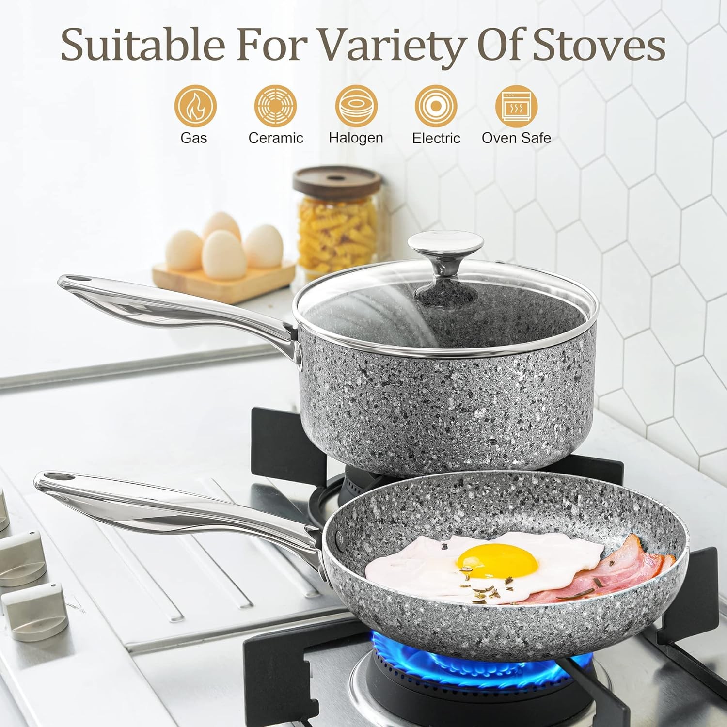 Frying Pans Set with 100% APEO & PFOA-Stone Non Stick Coating, Granite Skillet