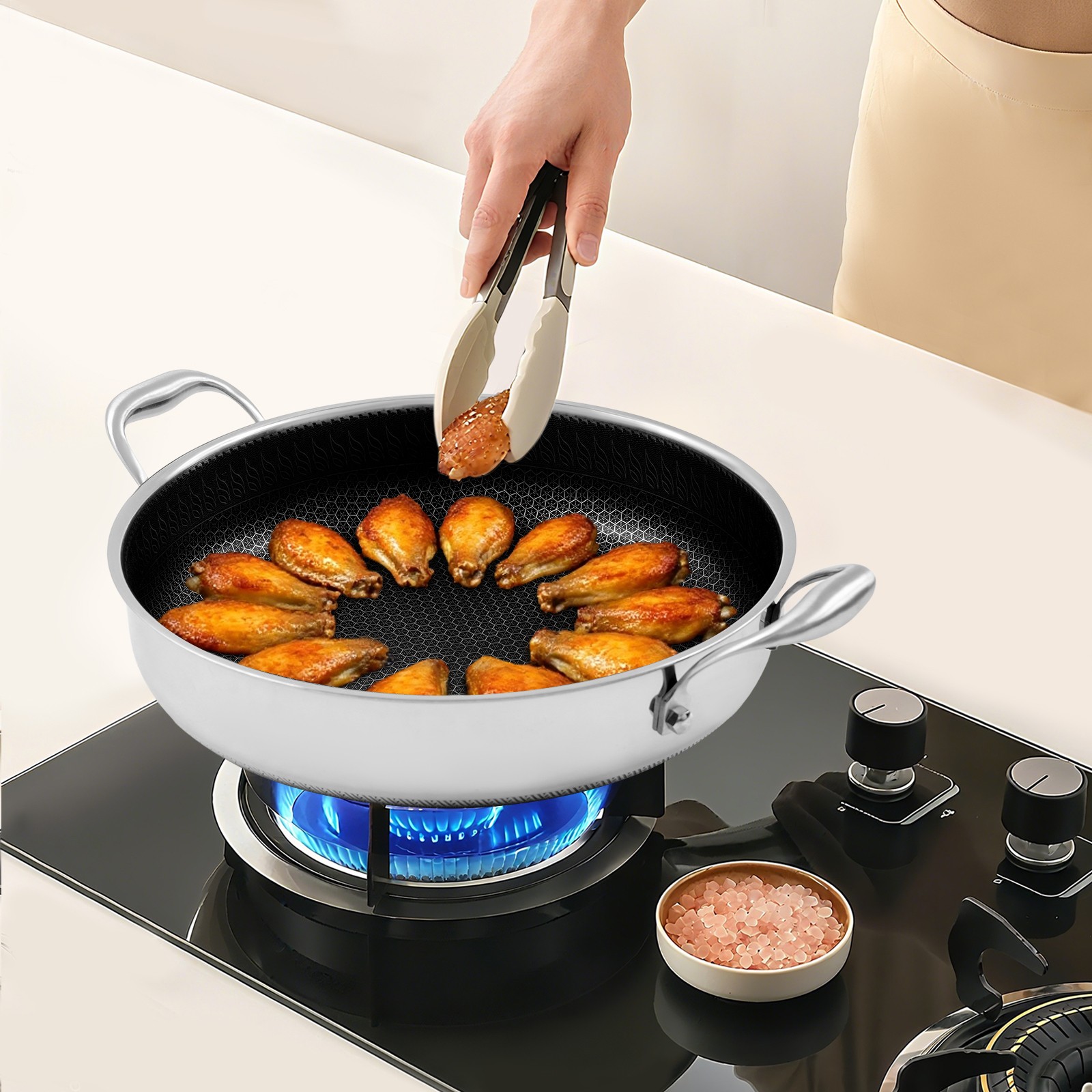 Flat-Bottomed Frying Pan with 2 Handle, Kitchen Round Flat-Bottomed Frying Pan