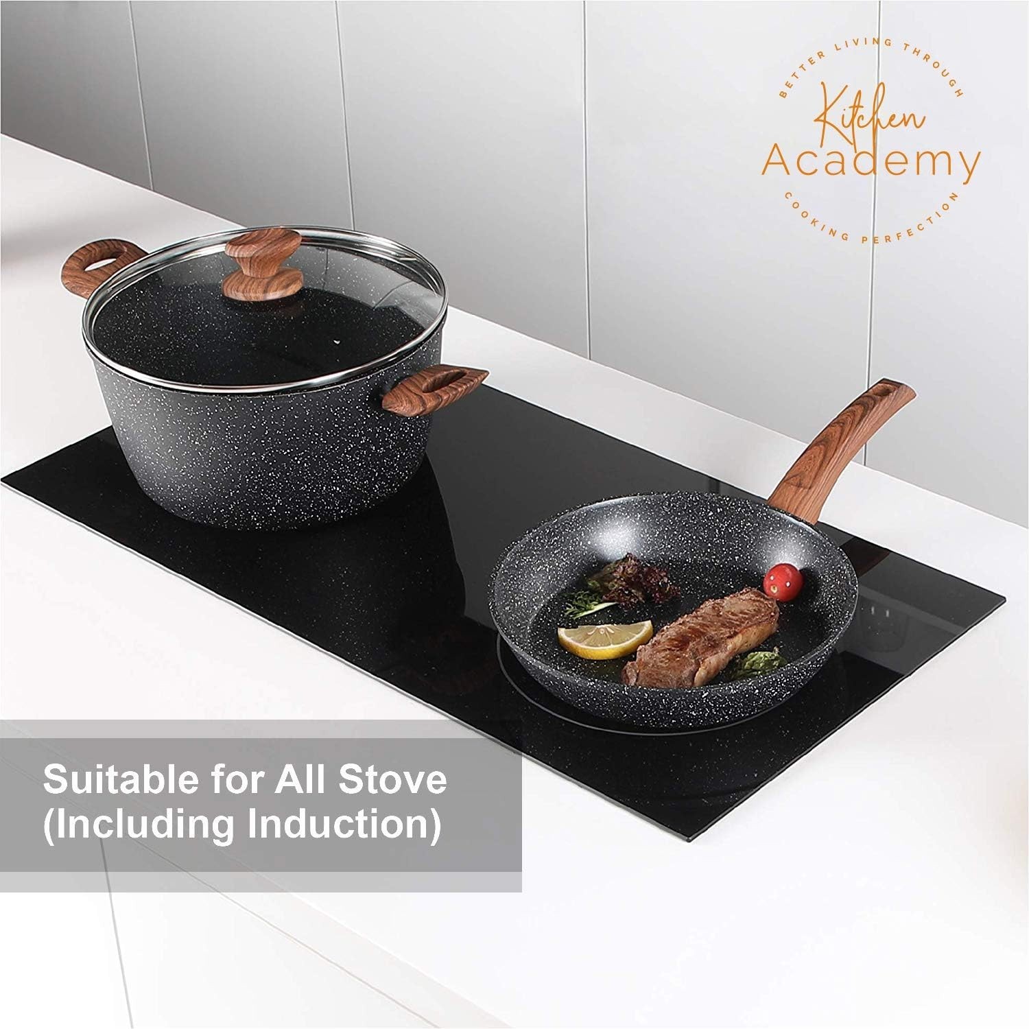 12-Piece Nonstick Granite Cookware Set Induction Compatible Black with Lids &…