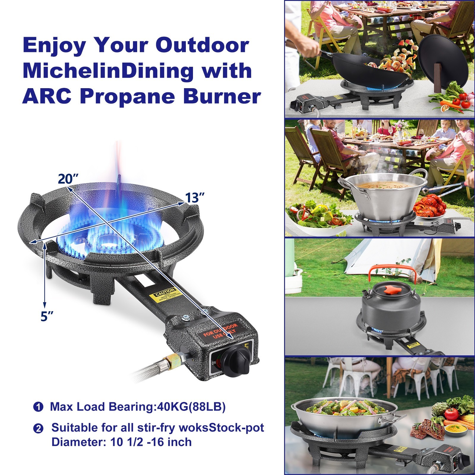 ARC Outdoor Burner Stove, 13″ Single Propane Burner and Carbon Steel Wok