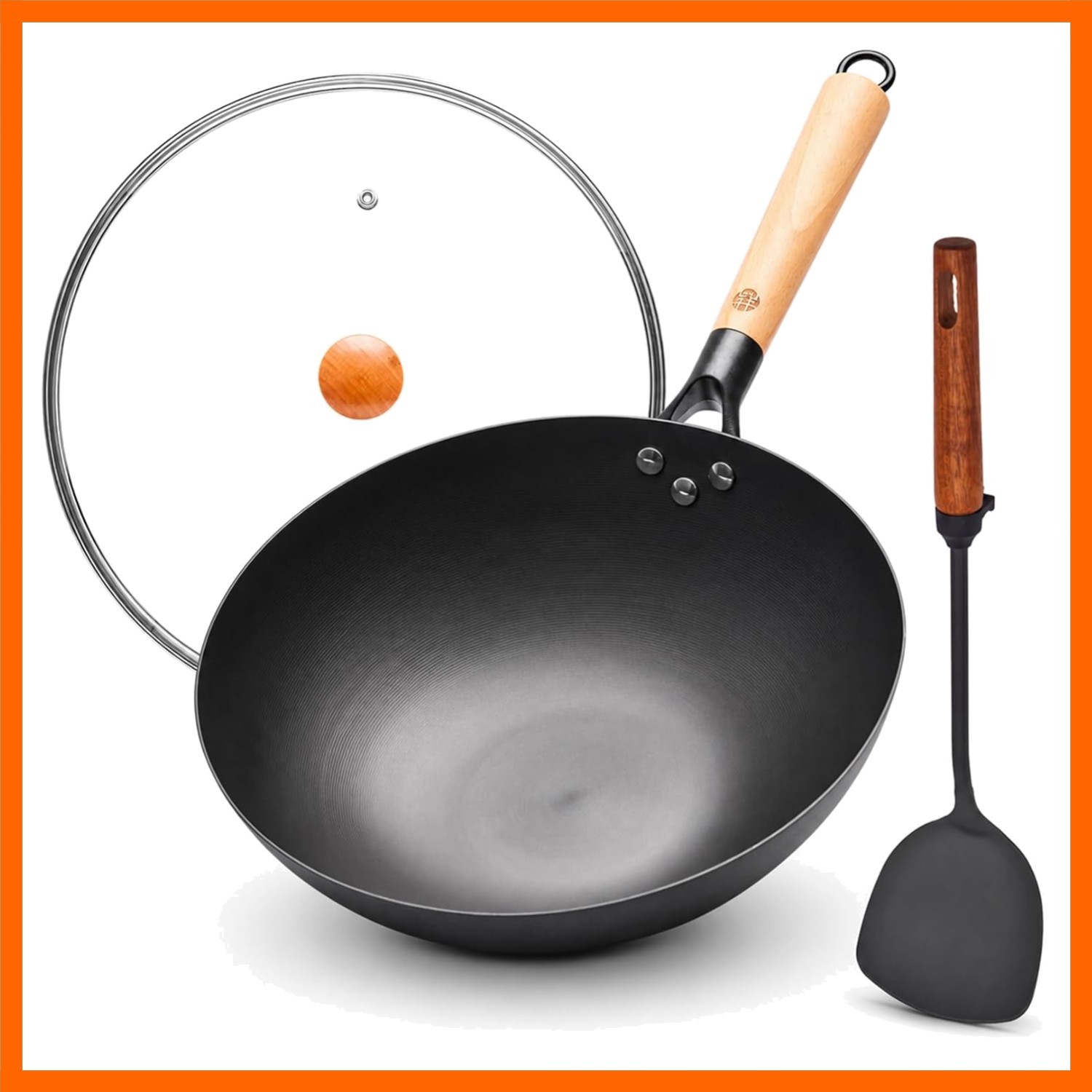 12.6 Inch Carbon Steel Wok Pan with Glass Lid and Spatula, Nitrided Flat Bott…