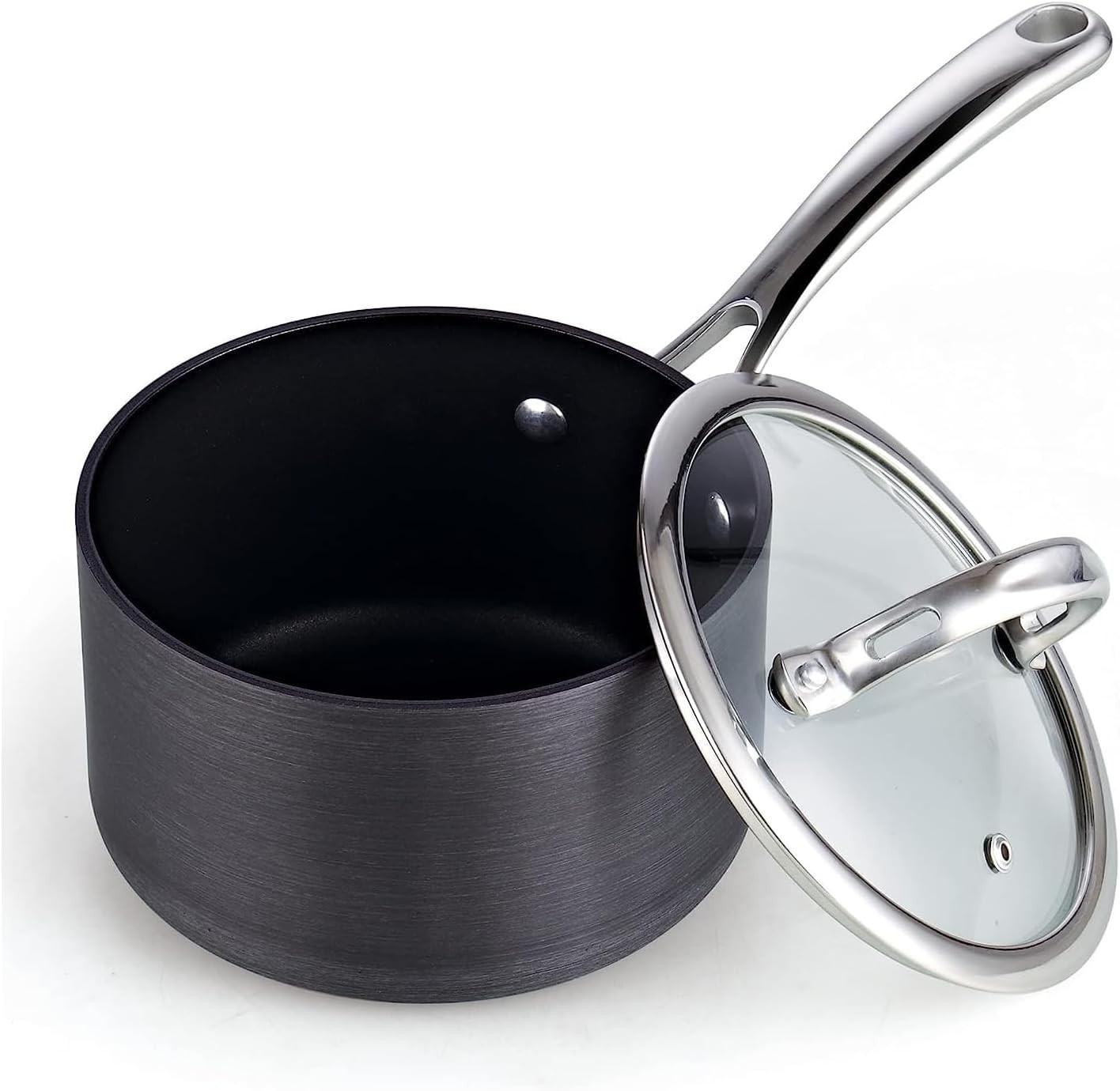 2 Qt Nonstick Saucepan w/ Glass Lid Hard Anodized Dishwasher Safe Black