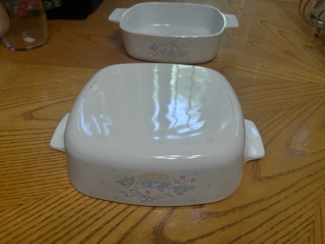 TWO CORNING WARE A-1-B 1 LITRE BLUE CORNFLOWER PATTERN SKILLET CASSEROLE DISHES