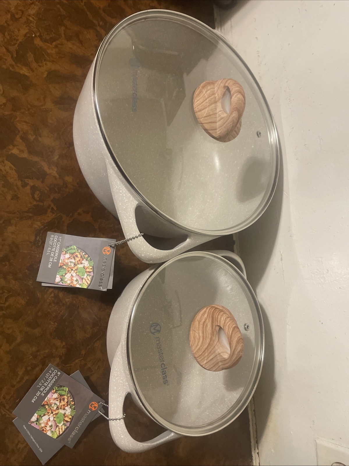 NEW! Masterclass IVORY Off-White Casserole 11″ & 8″ Pan Cookware w/ Lid 4 pc SET