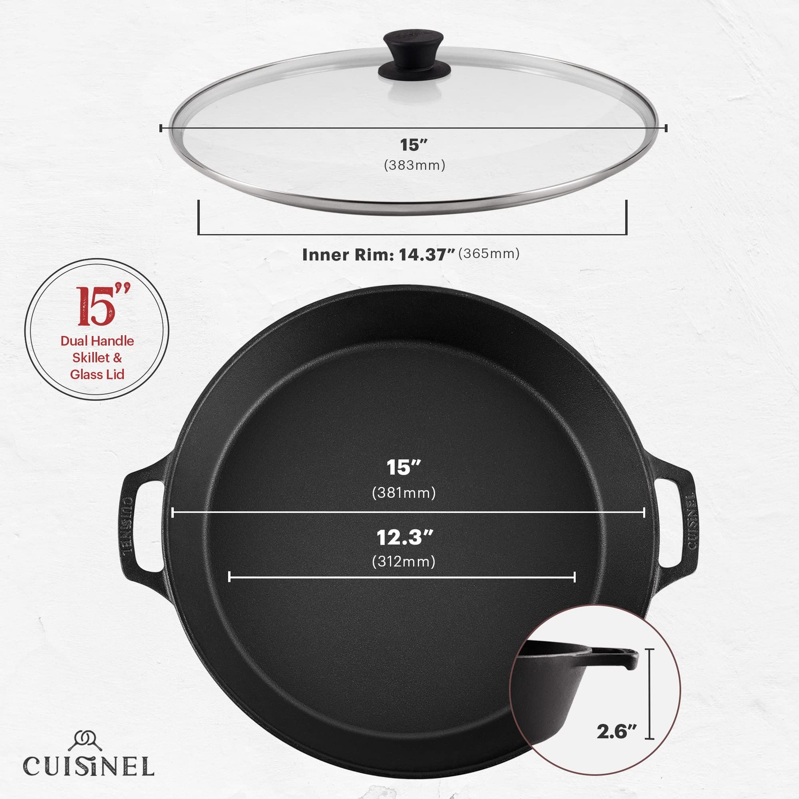 Cuisinel Cast Iron Skillet + Glass Lid + Red Chainmail Scrubber – 15″-Inch Du…