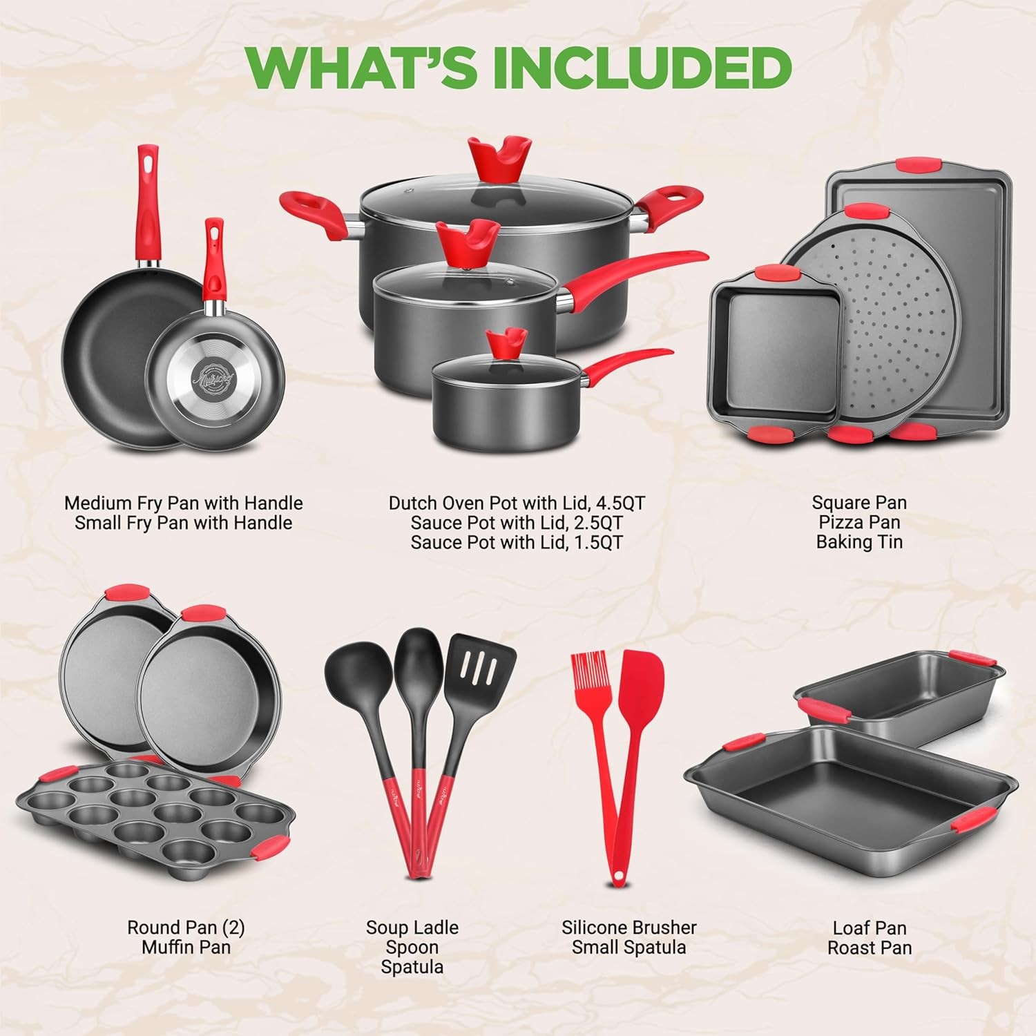 NutriChef 21-piece Nonstick Cookware Set – PTFE/PFOA/PFOS Free,