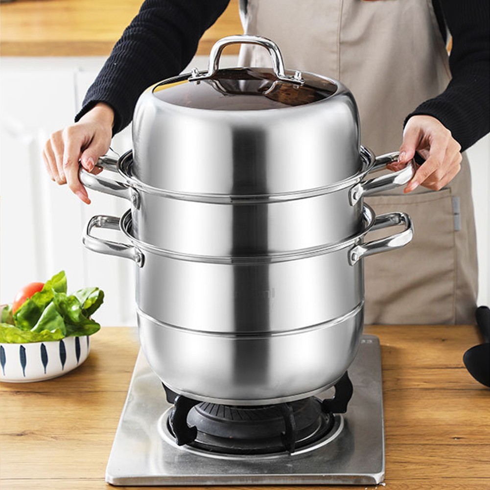 3 Tier Stainless Steel Steamer Cooker Steam Pot Kitchen Food Cooking + Glass Lid