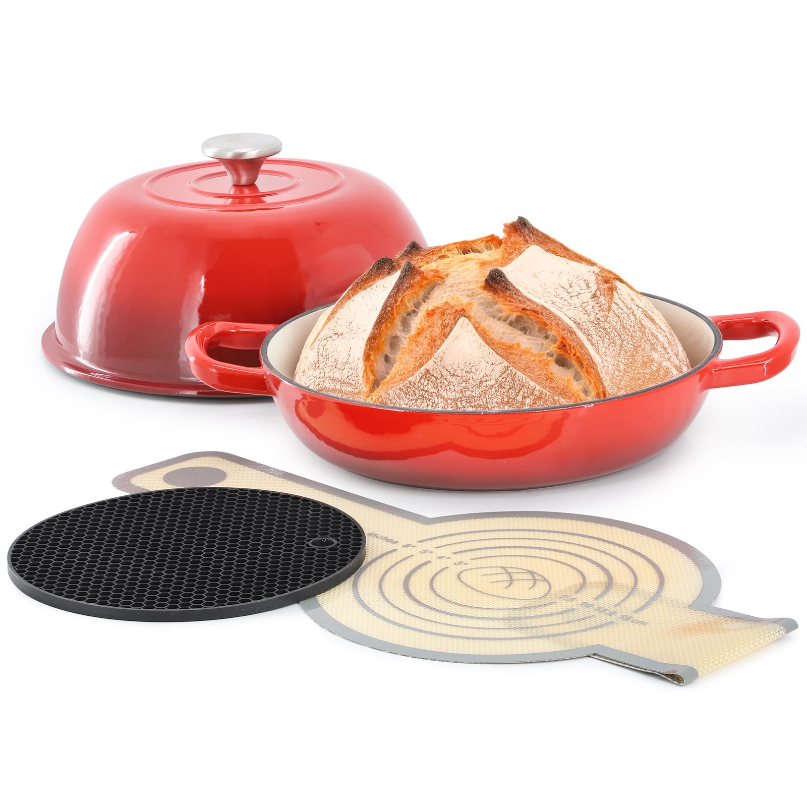 Megachef 6 Quart Enameled Cast Iron Bread Pot In Red Baking Mat Dutch Oven