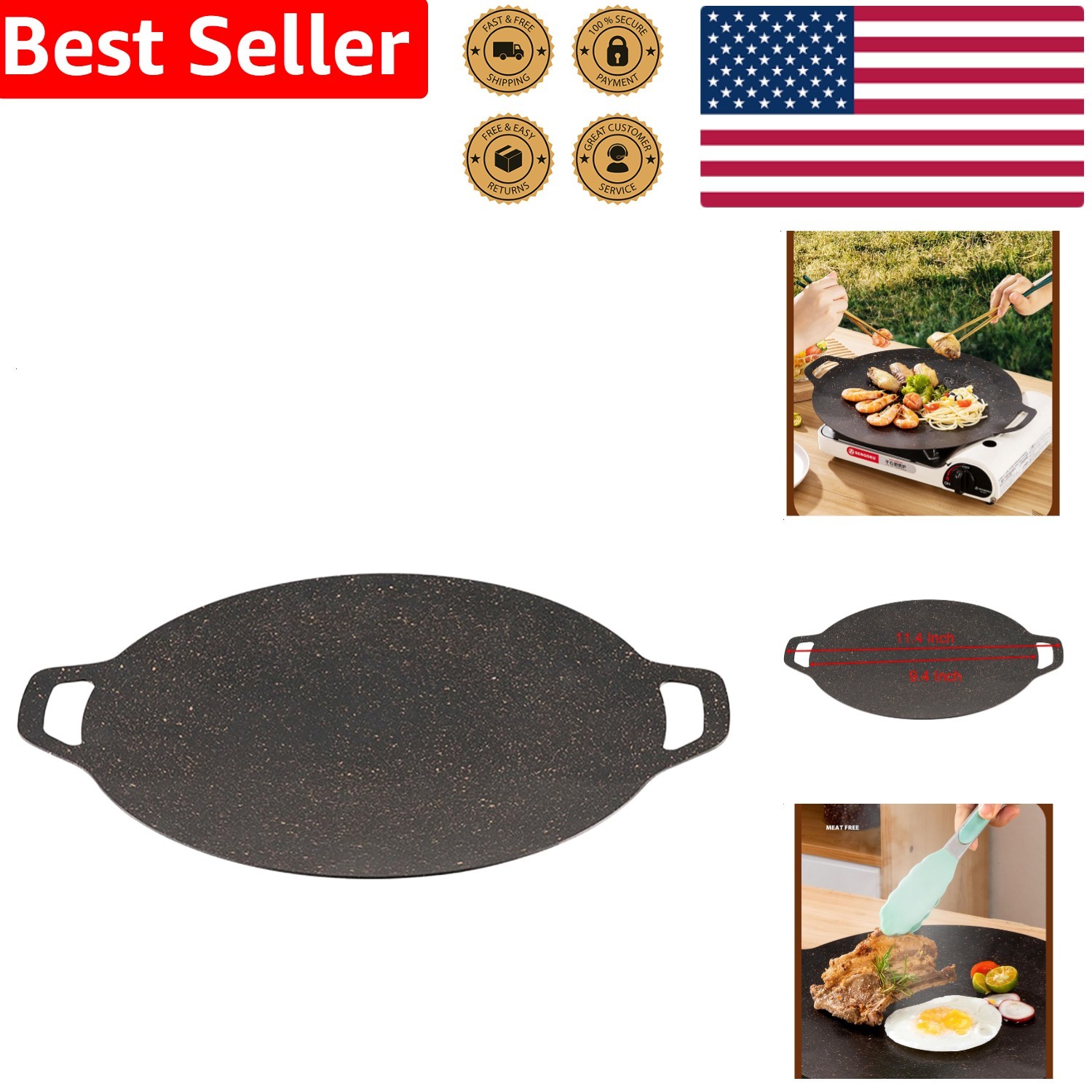 Round Korean Grill Pan 9.4 Inch Black Iron Nonstick Surface Home Party BBQ Stove