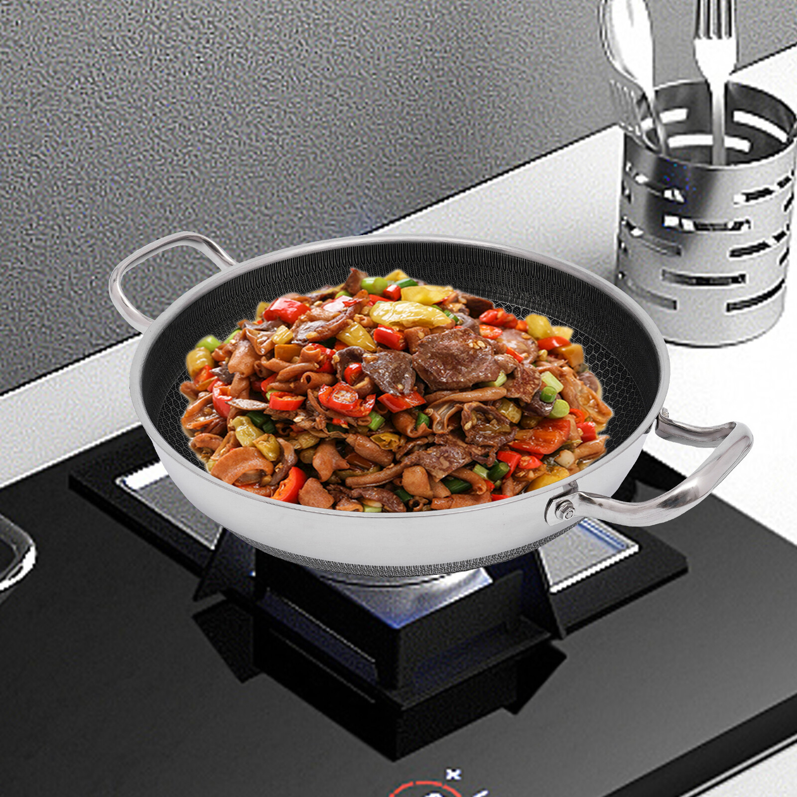 32cm/12.59in Stainless Steel Non-stick Pan With Lid-carrying Handle For All Hobs