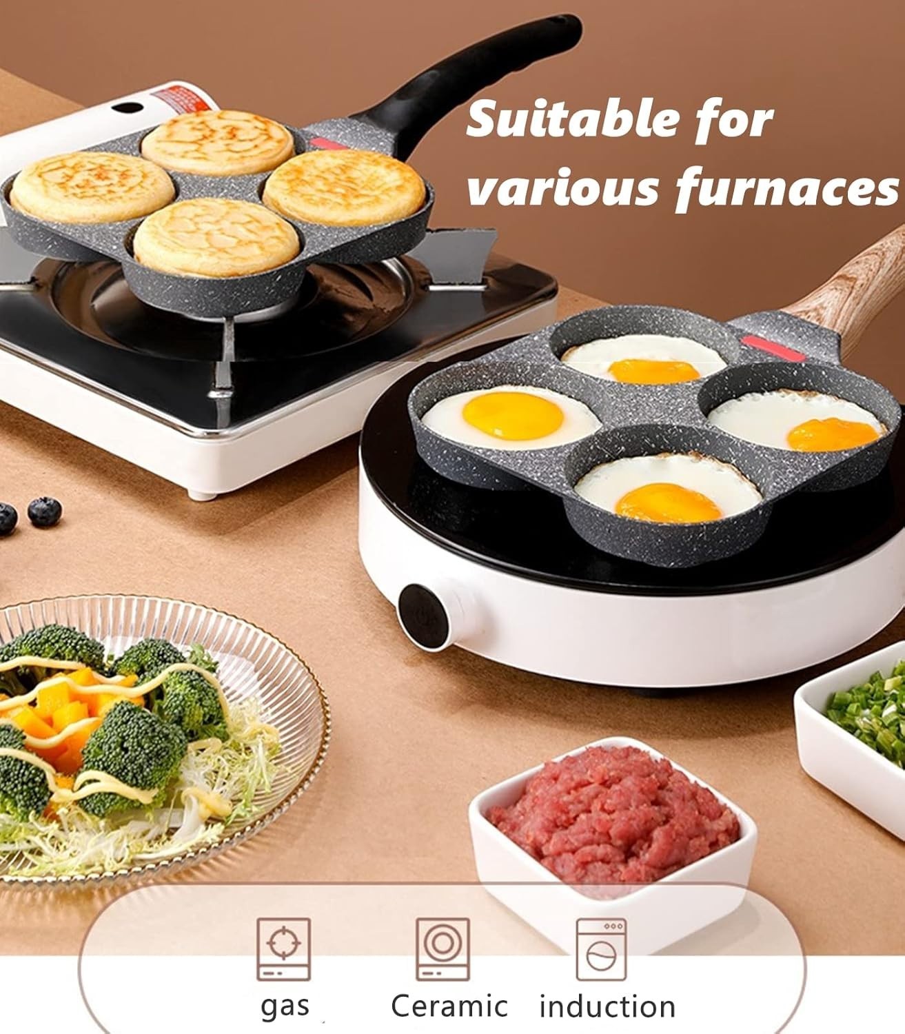 4 Hole Cup Egg Hamburger Pancake Maker Non-Stick Frying Pan with Wooden Handle