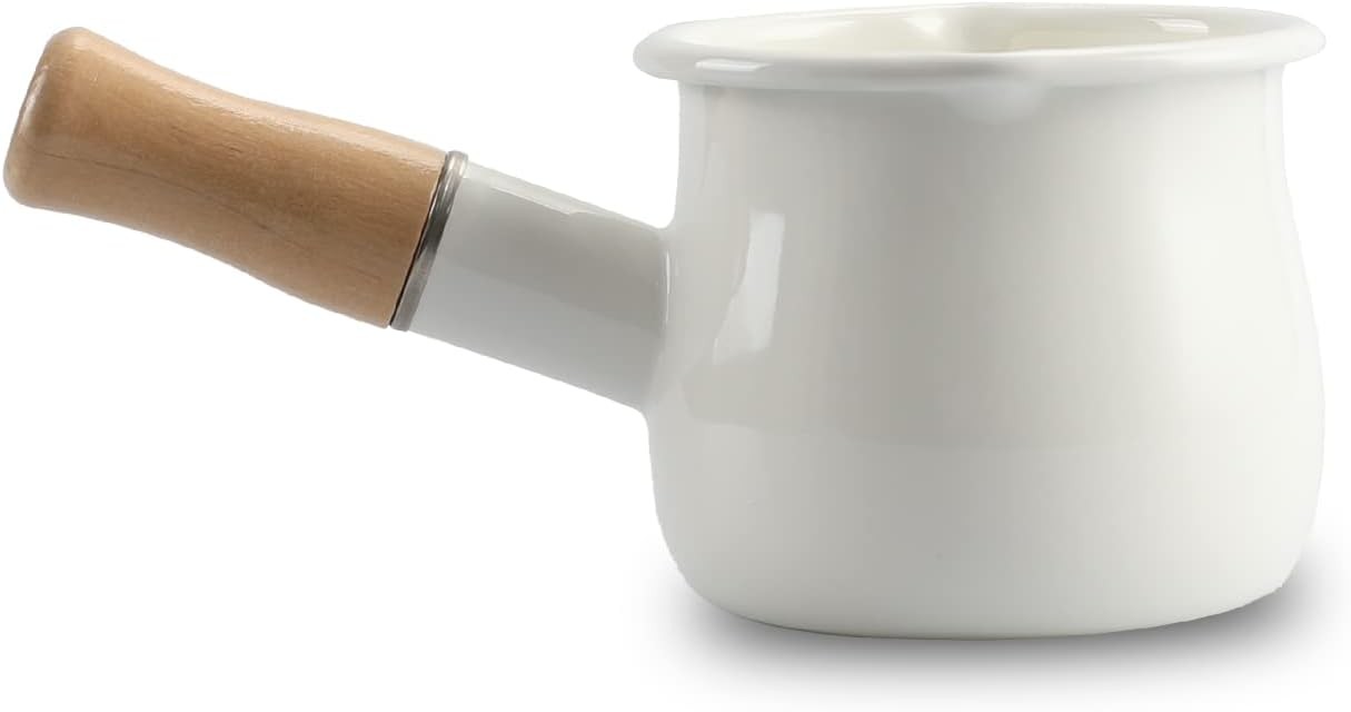0.6qt Mini Enamel Milk Pot Insulated Wooden Handle 2 Pour Spouts Small Food Hot