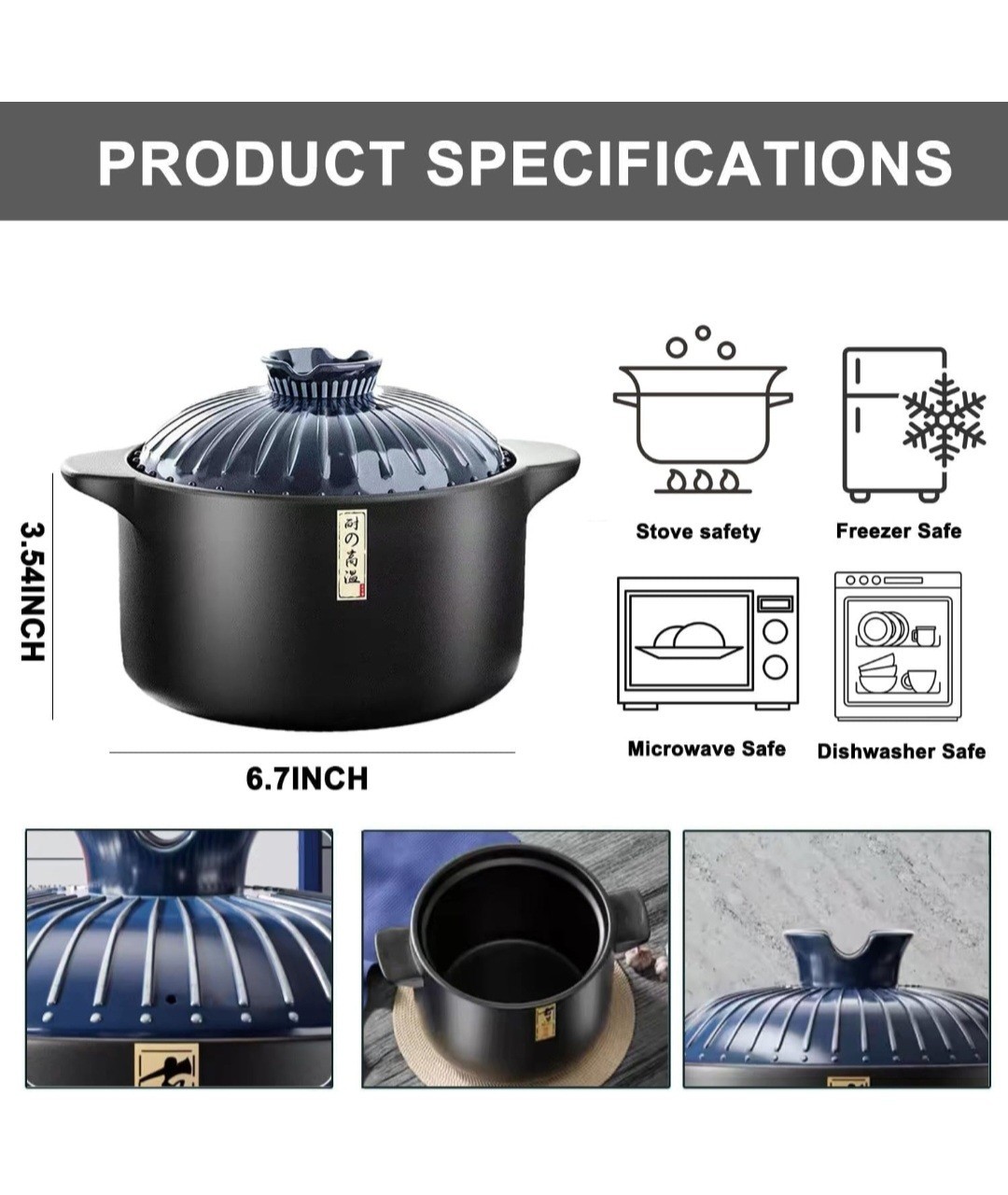 1.7 Quart Ceramic Casserole Pot w/ Lid, Fire, Cold & Heat-Resistant