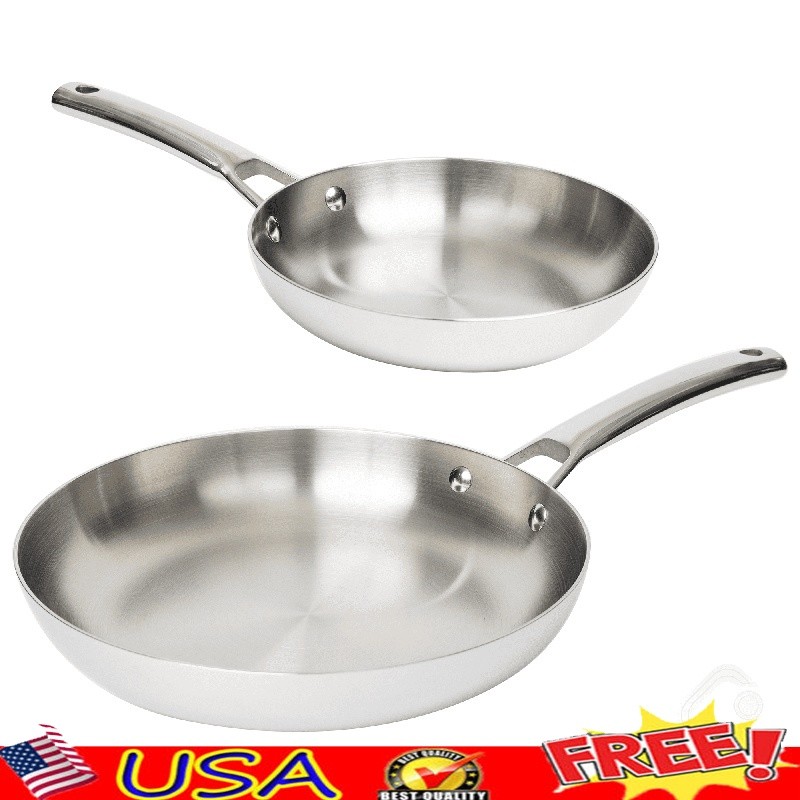 Tri-Ply Stainless Steel Skillet Set 9in 11in Durable Frying Pan Cookware New