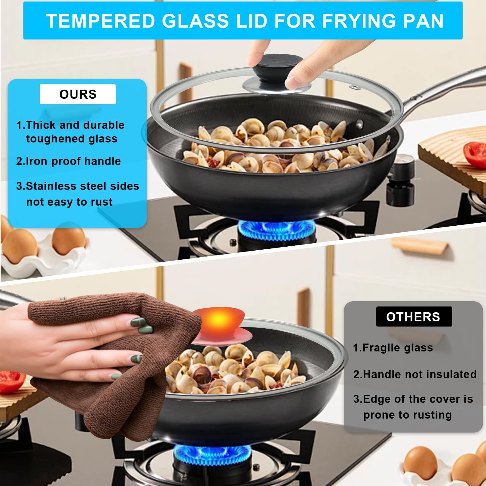 Glass Lid for Frying Pan Tempered Glass Pot Lid with Stainless Steel Rim for …