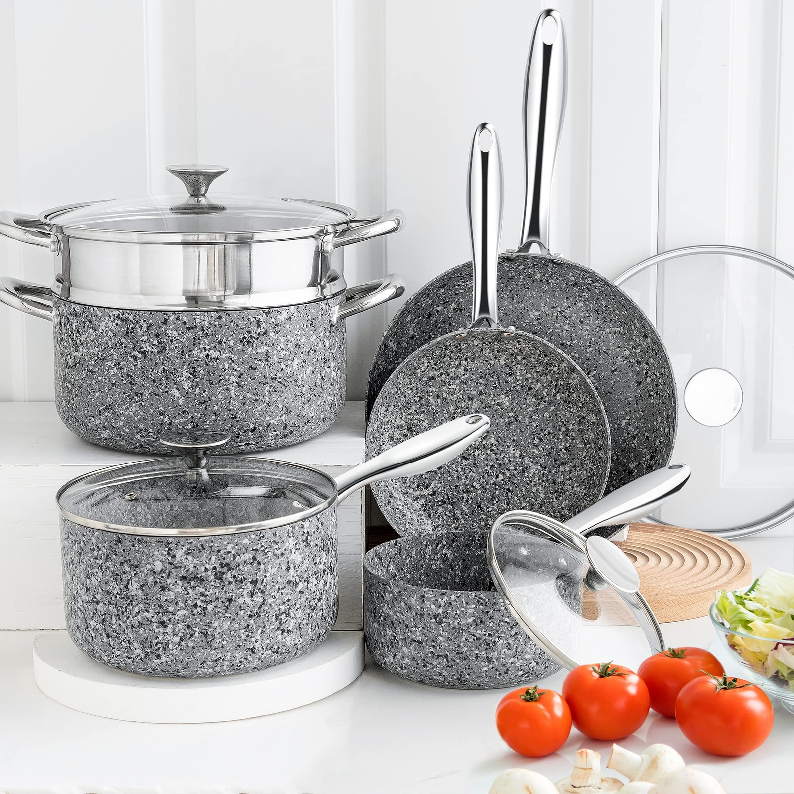 MICHELANGELO Stone Cookware Set 10 Piece Ultra Nonstick Pots and Pans Set wit…
