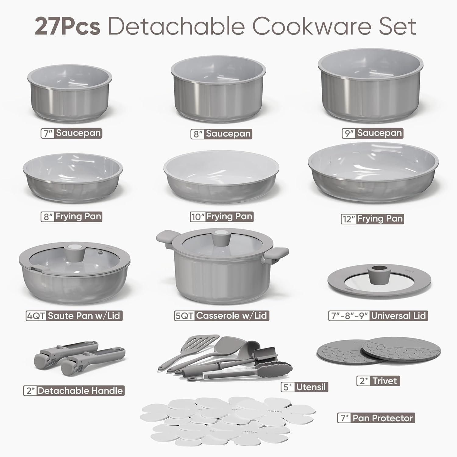 27-Piece Dark Gray Nonstick Ceramic Cookware Set with Detachable Handles