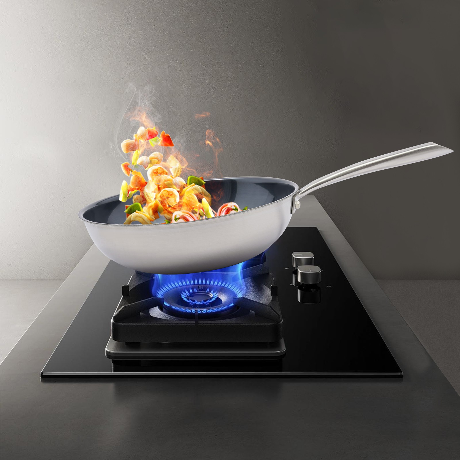 Modern Round 11.8” Wok Surface Blue Diamond Sanding Treatment Frying Pan W/ Lid