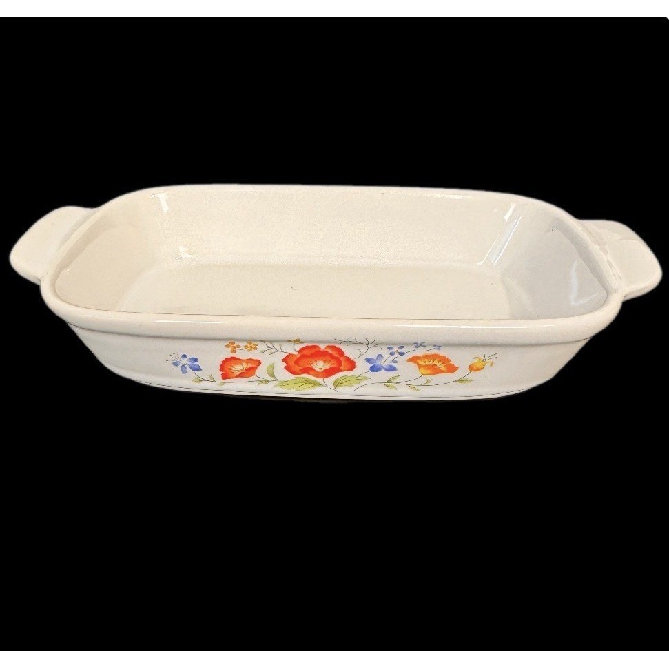 Japan VTG Floral Ceramic Baking Dish 7×4″ White Orange Poppy Stoneware Casserole