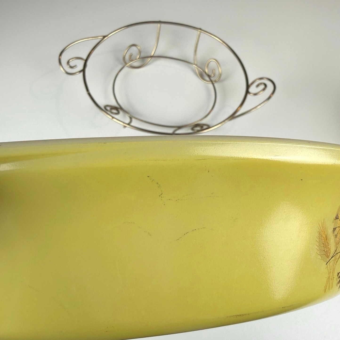 Vintage Glasbake yellow wheat divided casserole dish metal cradle 1960s