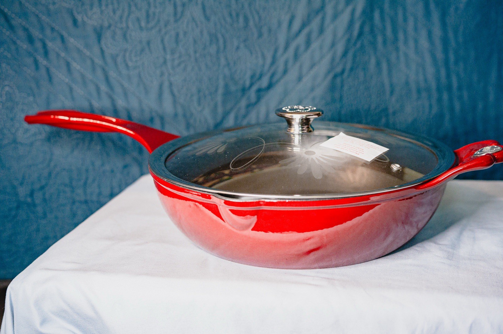 Princess House Mi Cocina 11” Enameled Cast Iron Skillet W/Glass Lid Red New 5605