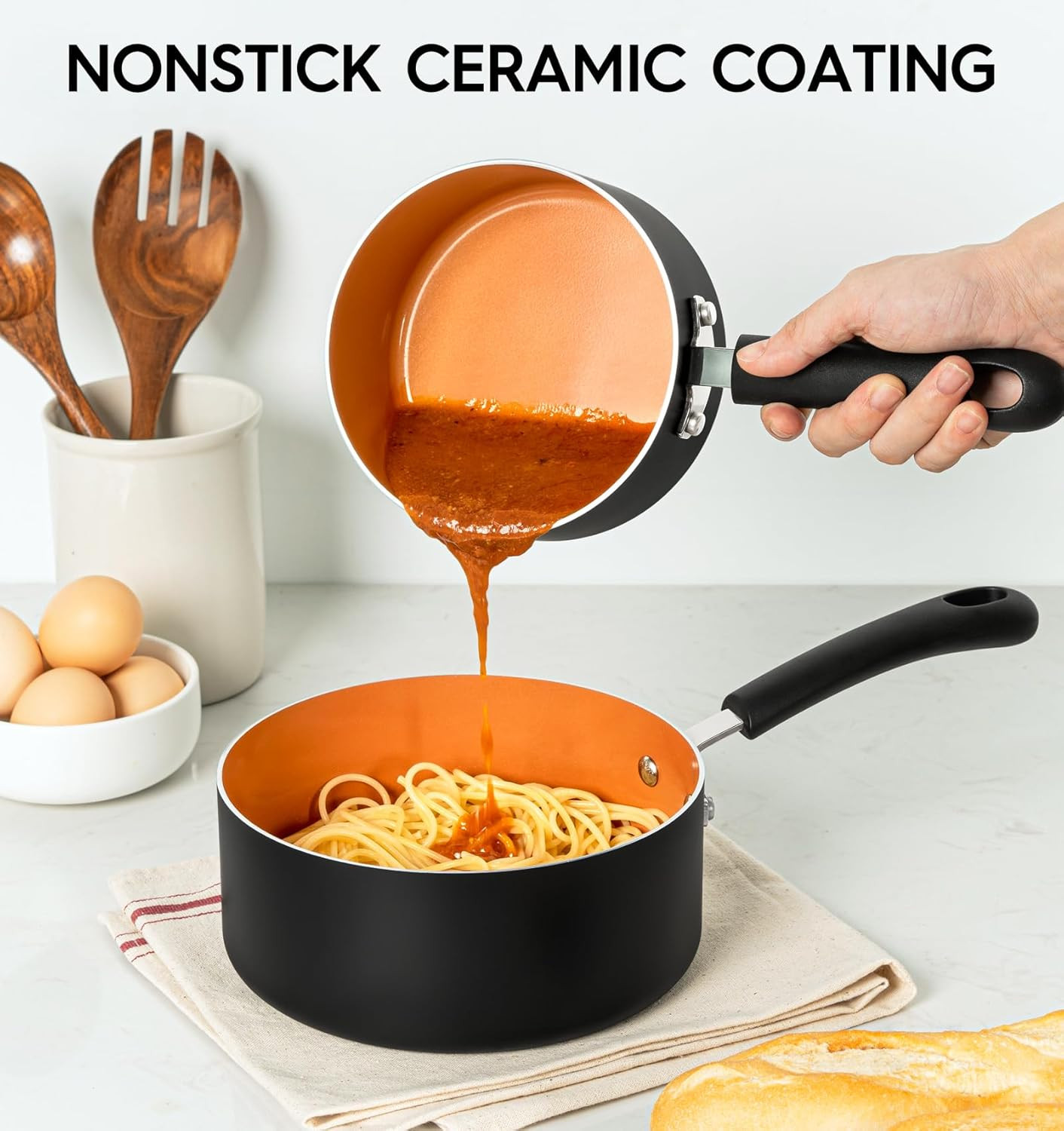 MICHELANGELO Nonstick Sauce Pan with Lid 1QT, 2QT & 3QT, Ceramic Saucepan Set, C