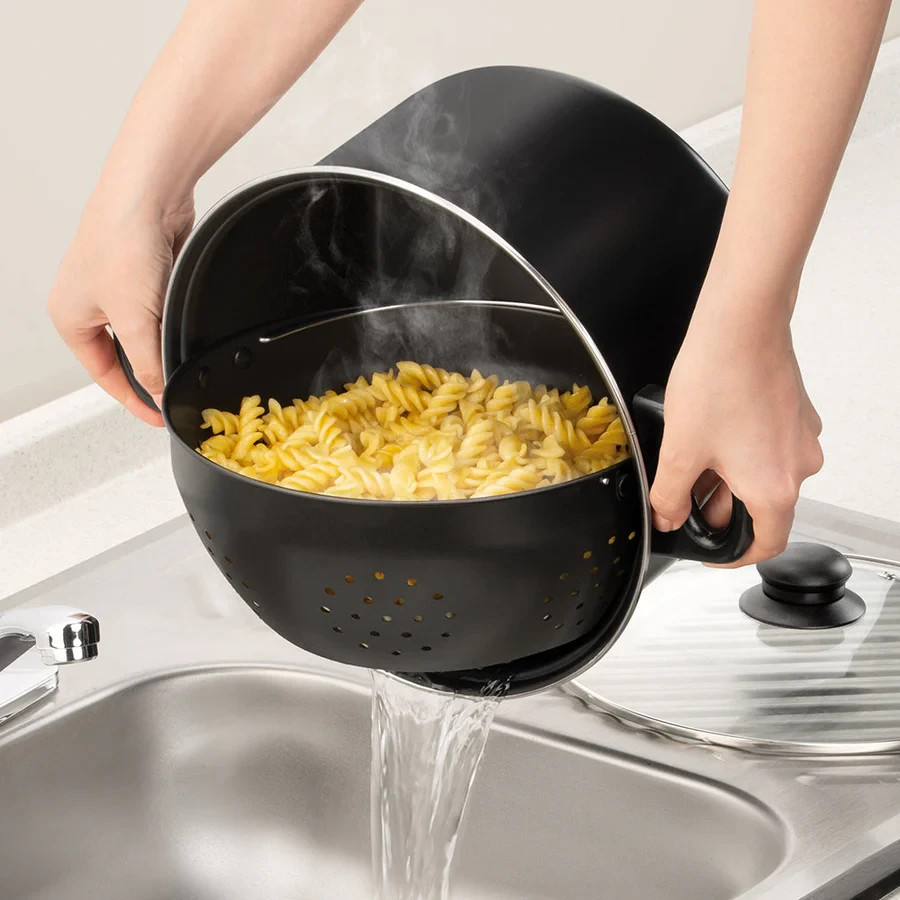 Non-Stick Easy Strain Pot Tilt Cookware 3-pc Black Clear Steam Release Lid NEW