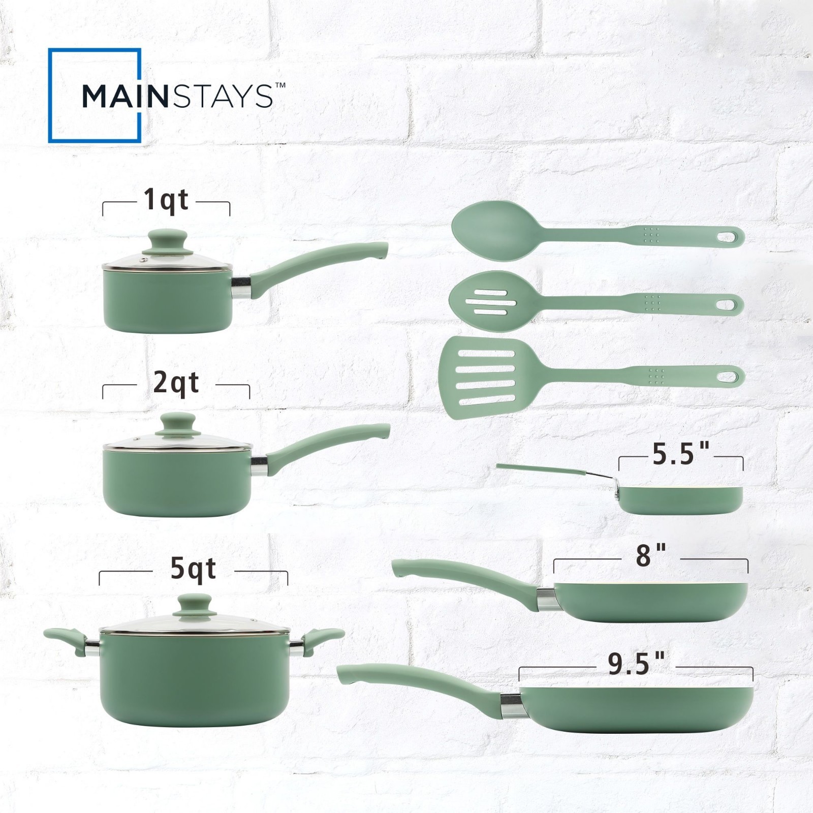 Mainstays Ceramic Aluminum, 12 Piece, Pots and Pans Cookware Set Green Nonstick