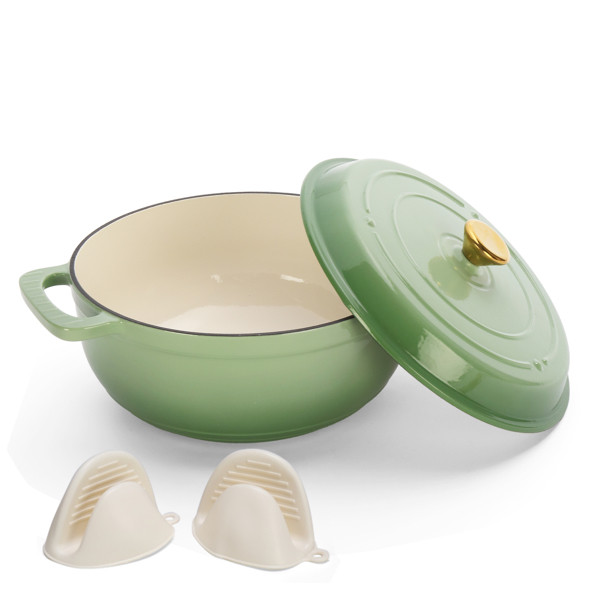 Cast Iron 5QT Cooking Pot Includes Two Silicone Gloves Enamel Pot Green