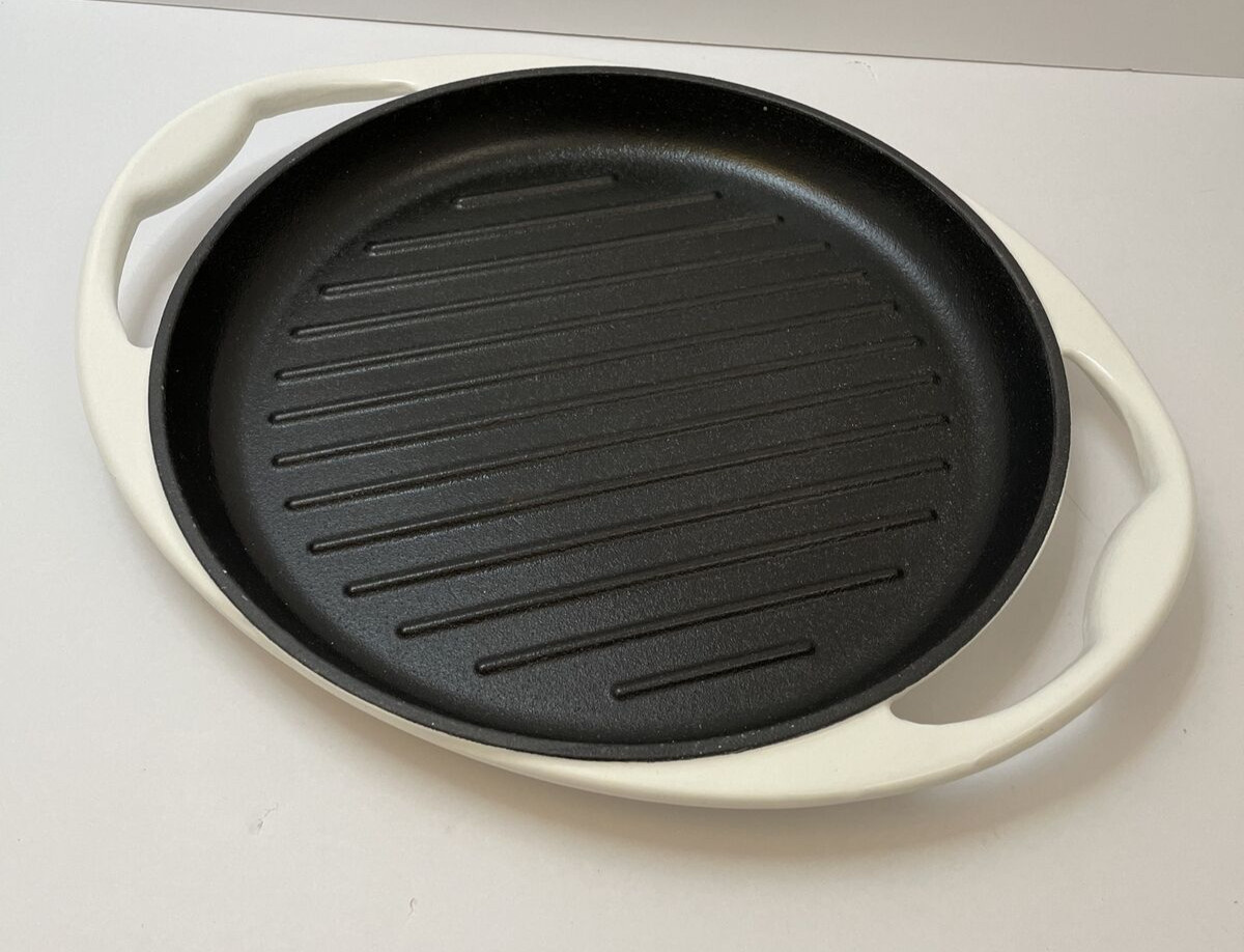 IH White Round Enameled Cast Iron Grill Pan With Handles 10.25″ – EUC