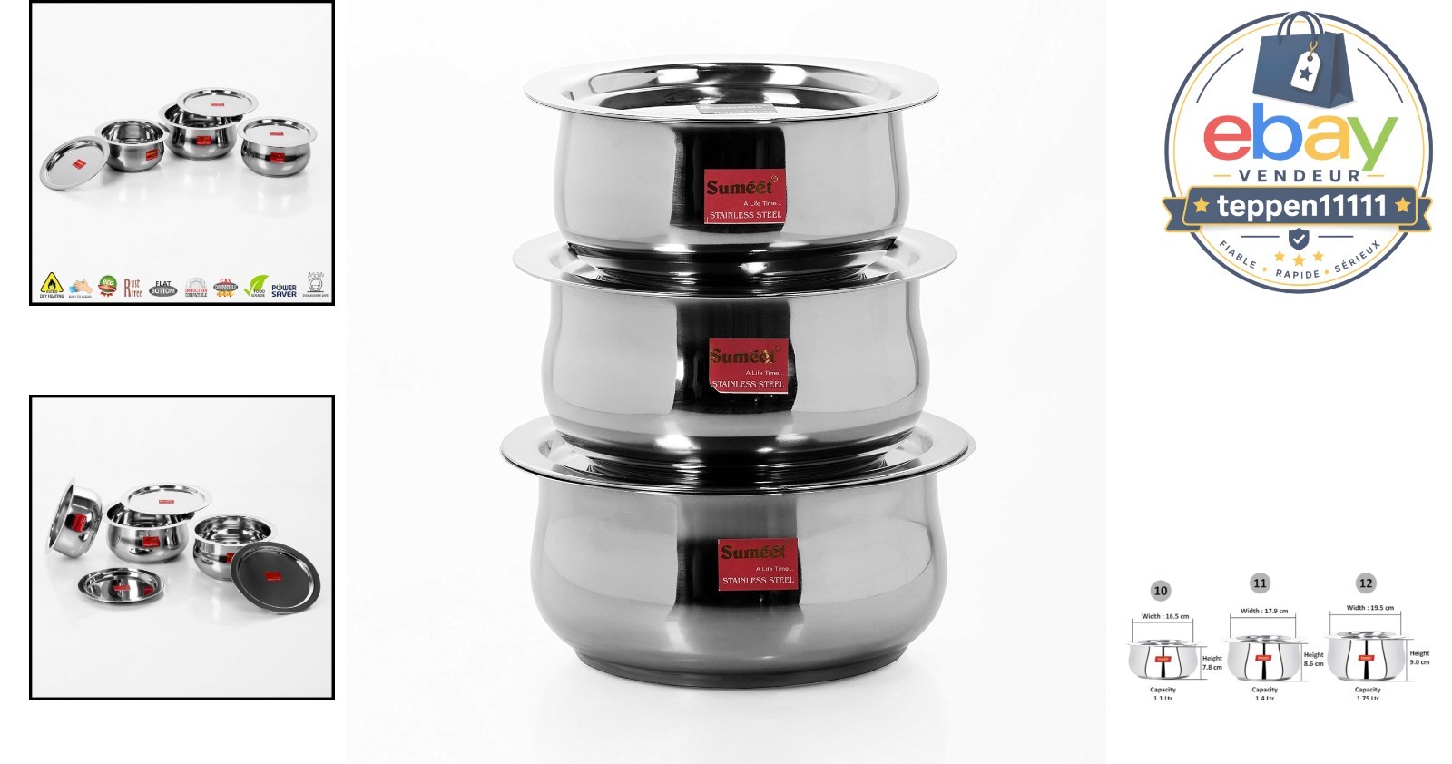 Stainless Steel Cookware Set 3 Piece 1.6 2.1 Liters