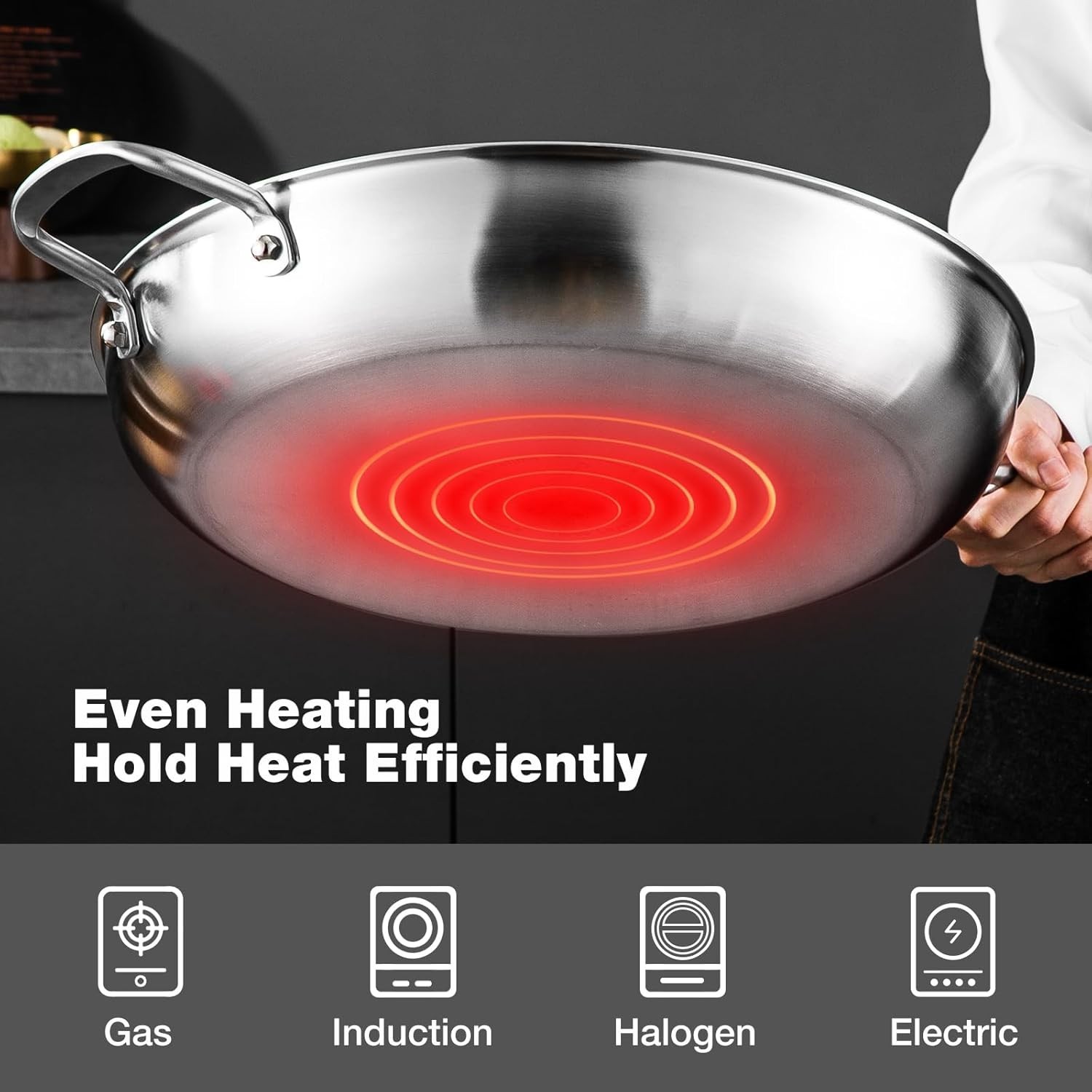 NEW 14in Stainless Steel Frying Pan Heavy Duty Oven Dishwasher Safe 650°