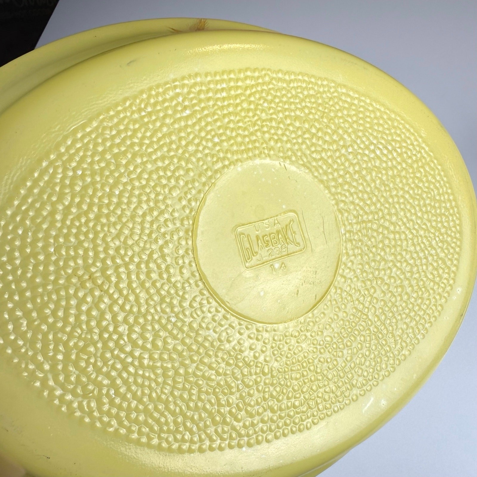 Vintage Glasbake yellow wheat divided casserole dish metal cradle 1960s