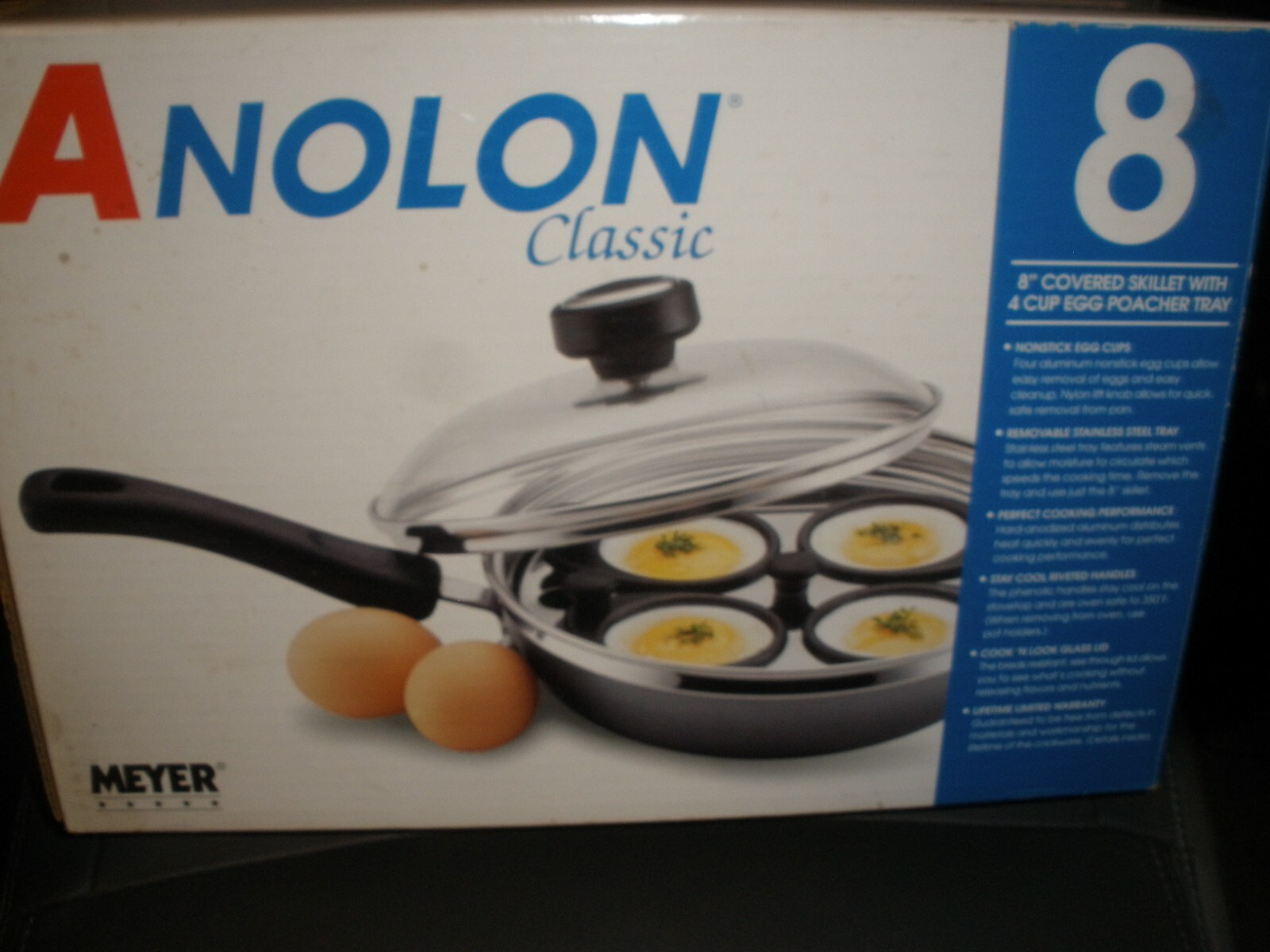 NEW Opened Anolon Classic Meyer 8″ Covered Skillet w/ 4 Cup Egg Poacher tray