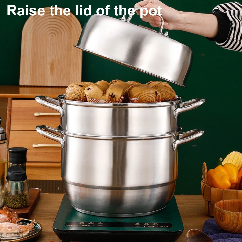3 Tier Stainless Steel Steamer Cooker Steam Pot Kitchen Food Cooking + Glass Lid