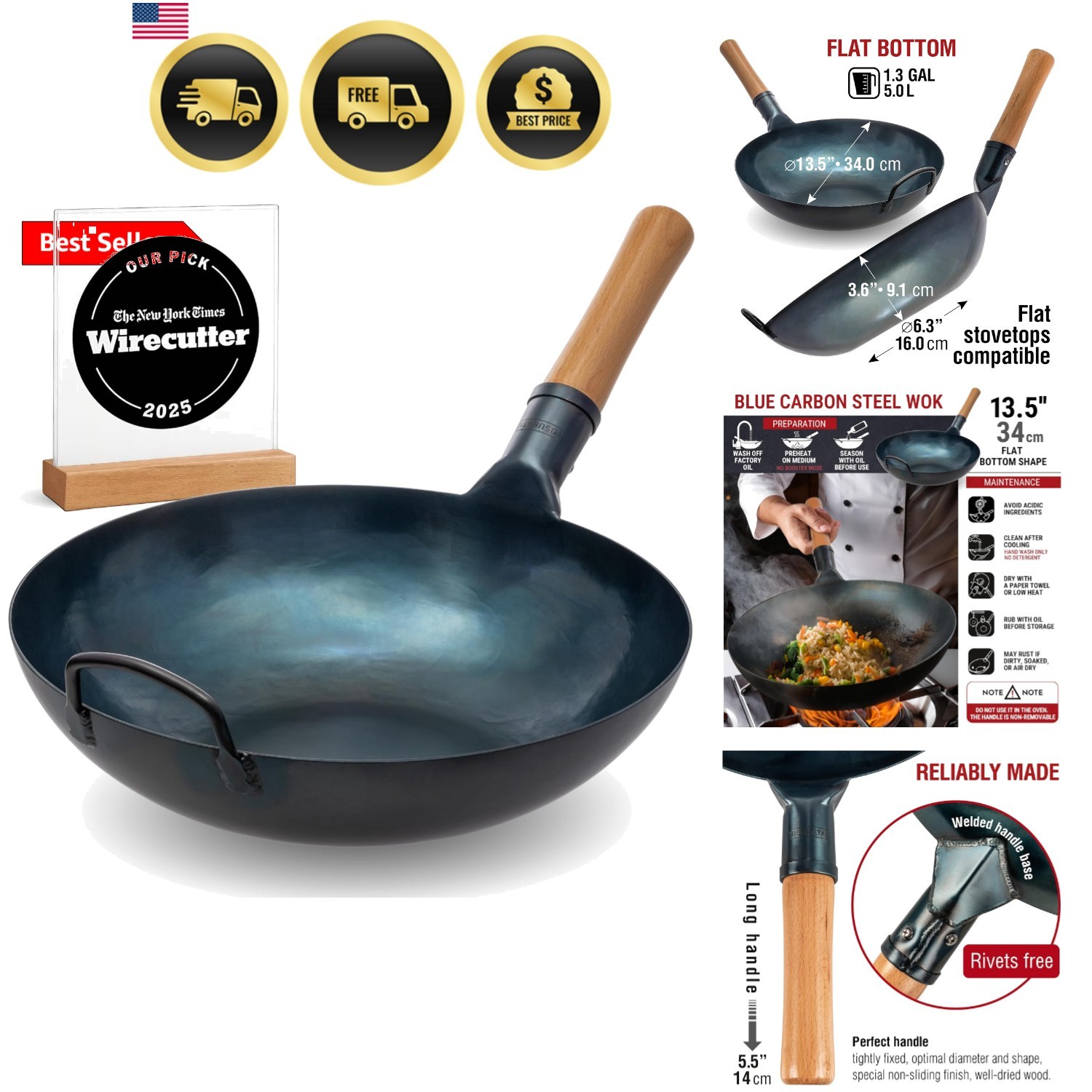 13.5” Blue Carbon Steel Wok Pan – Pre-Seasoned Flat Bottom Wok Compatible wit…