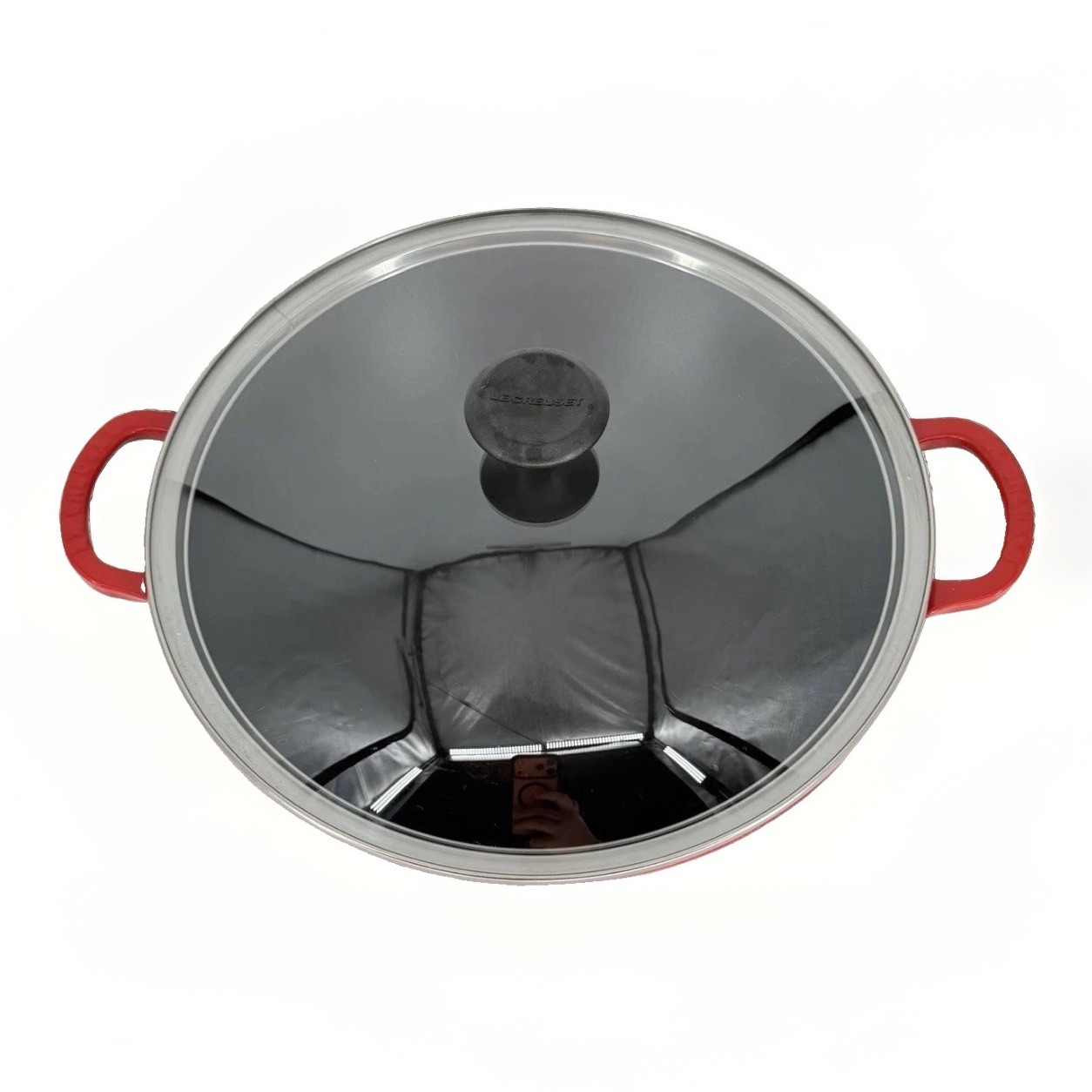Le Creuset 32 Flame Red Cast Iron Wok 32cm w/ Glass Lid France Enamel
