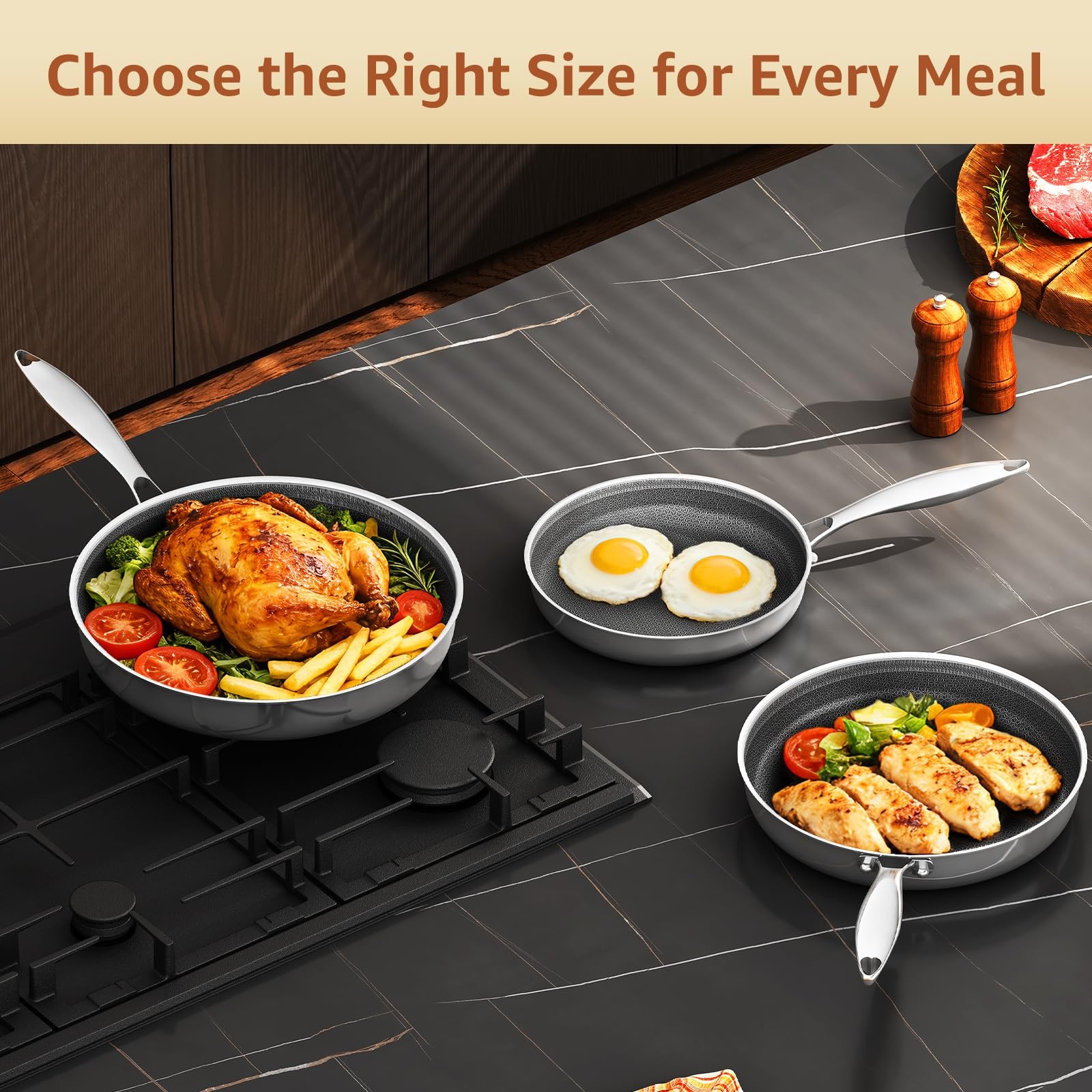 LOLYKITCH 8-10-12 Inch Nonstick Frying Pan Set with Glass Lids | PFOA Free