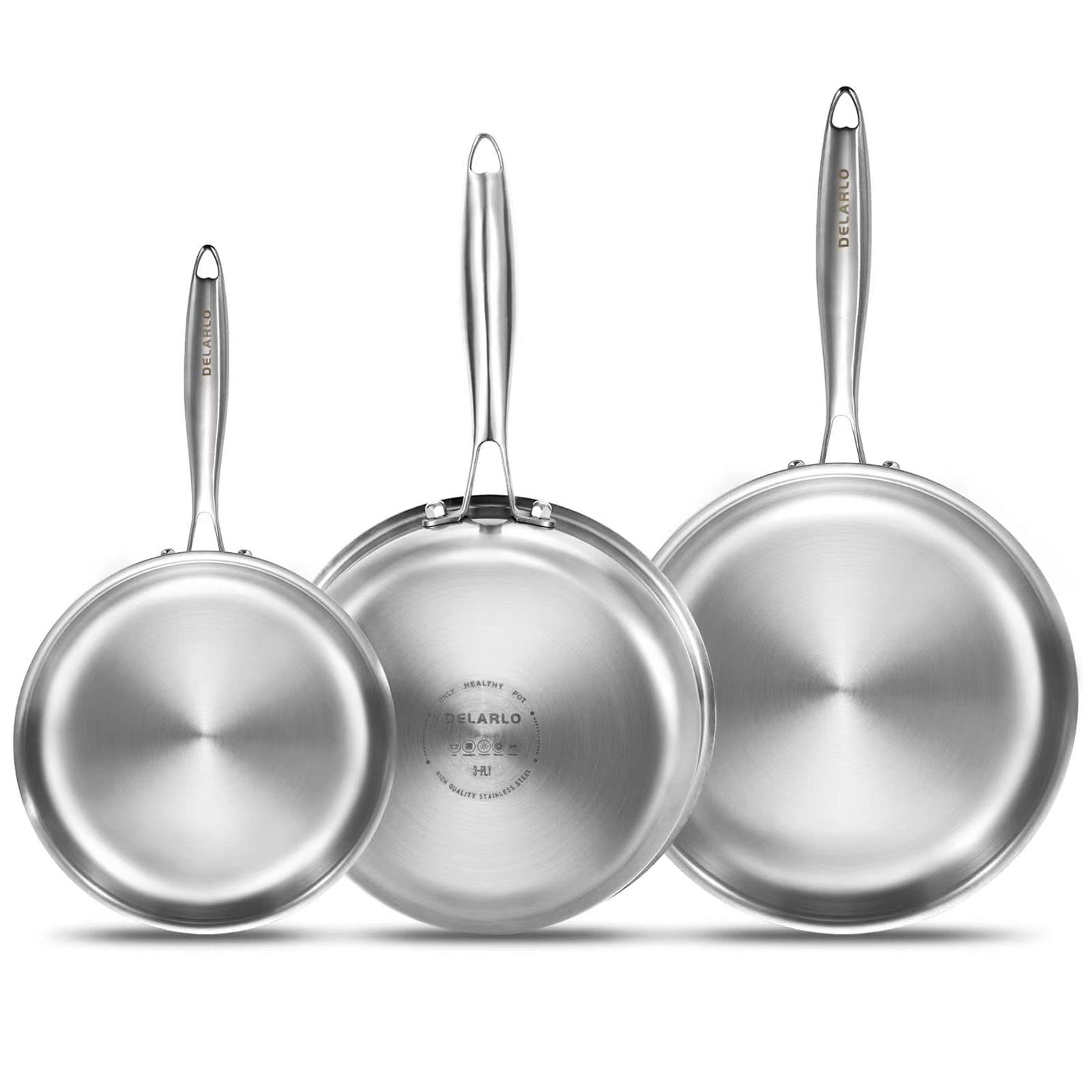 DELARLO Tri Ply Stainless Steel Frying Pan Set 3pc