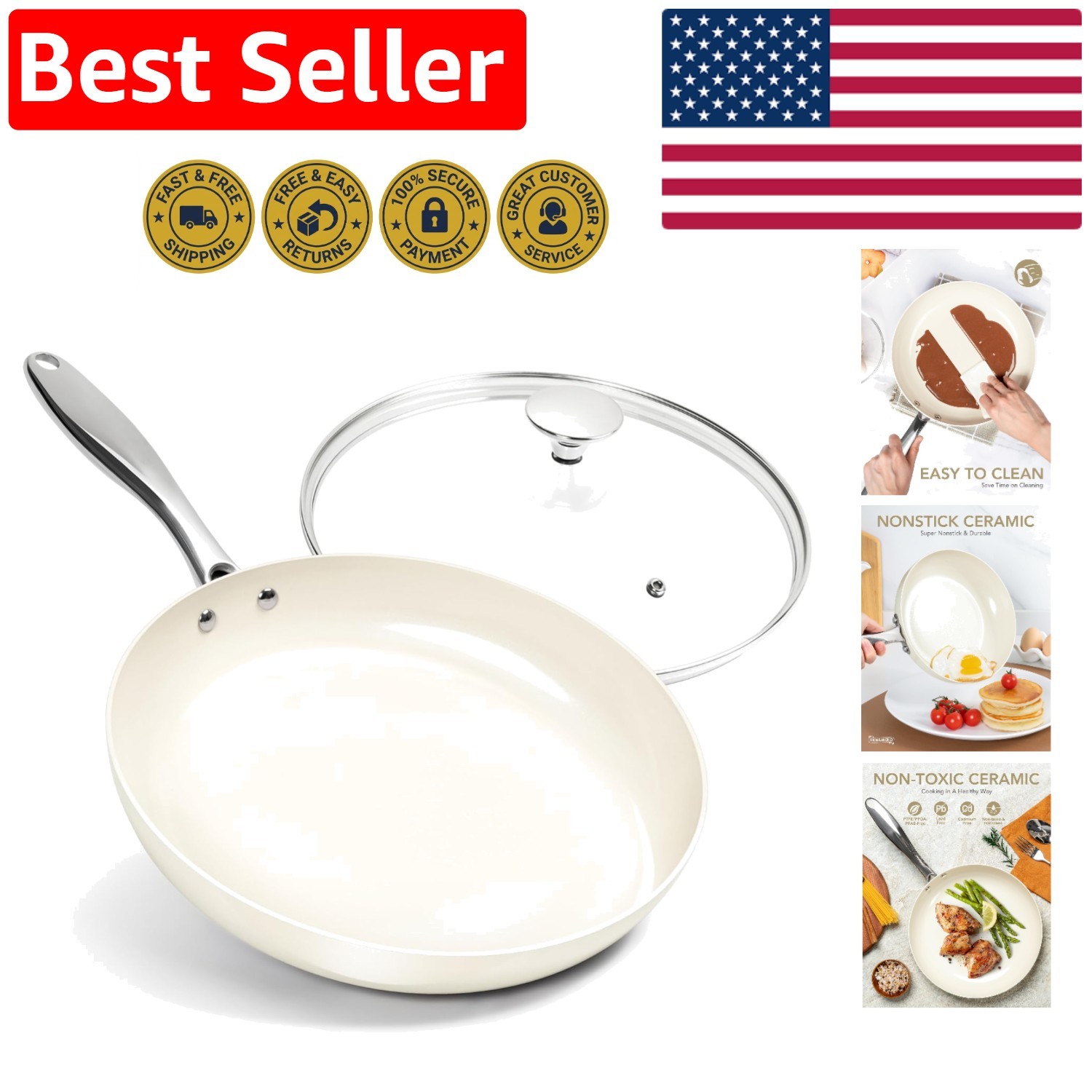Elegant 12 Inch Non-Stick Ceramic Frying Pan with Lid – Oven-Safe & Ergonomic…