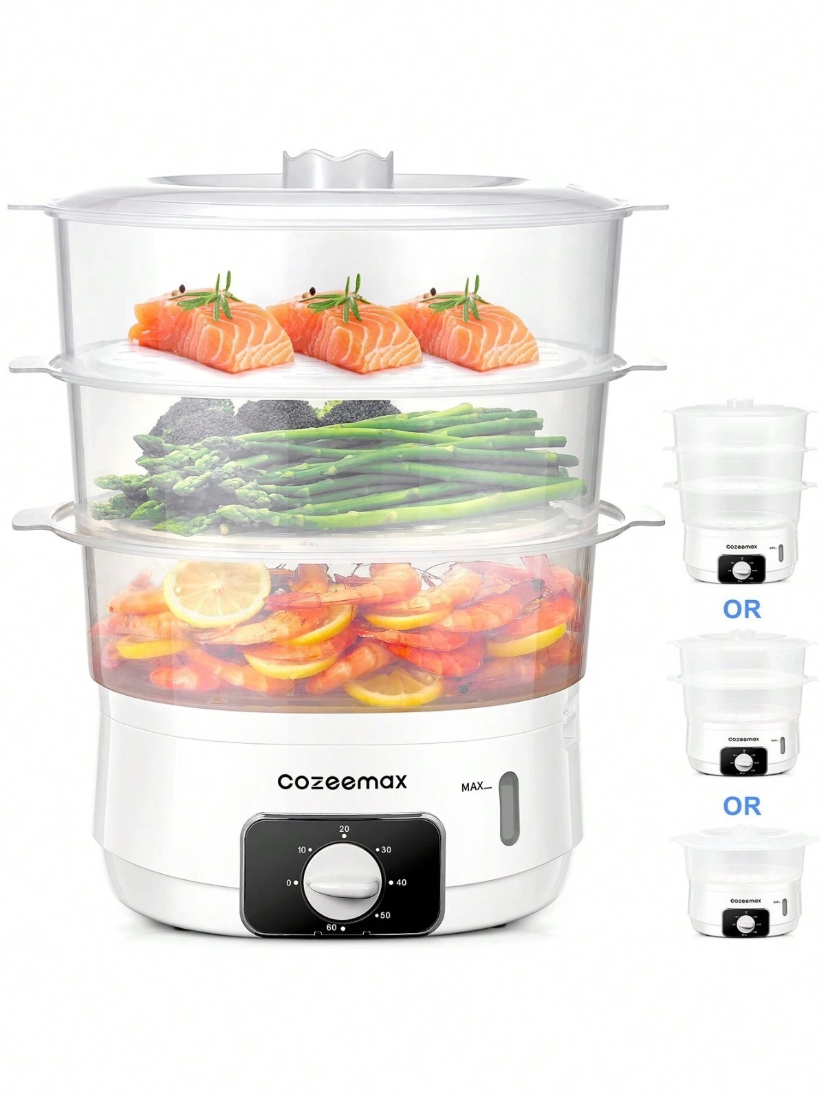 13.7QT Electric Food Steamer 3 Tier Vegetable Meat Cooker Rapid Steam 60M Timer