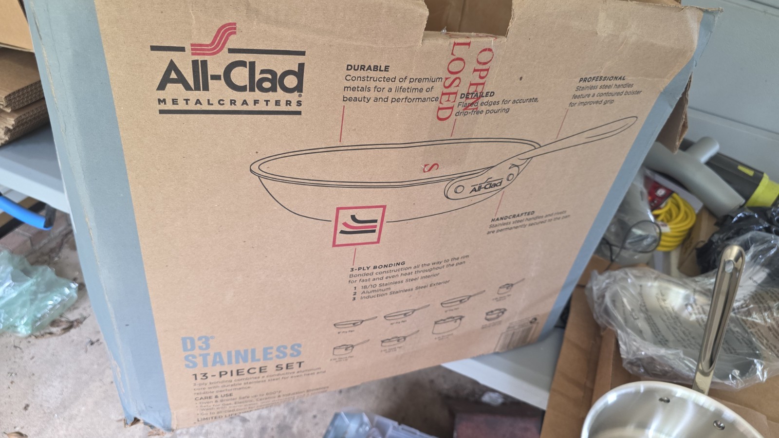 All-Clad D3 13-Piece Stainless Steel Cookware Set Tri-Ply 18/10 distressed box