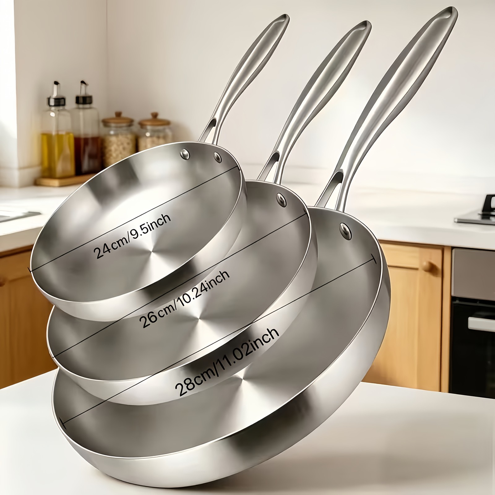 1/3pcs Triply Stainless Steel Frying Pan Set, 304 Flat Bottom Skillet