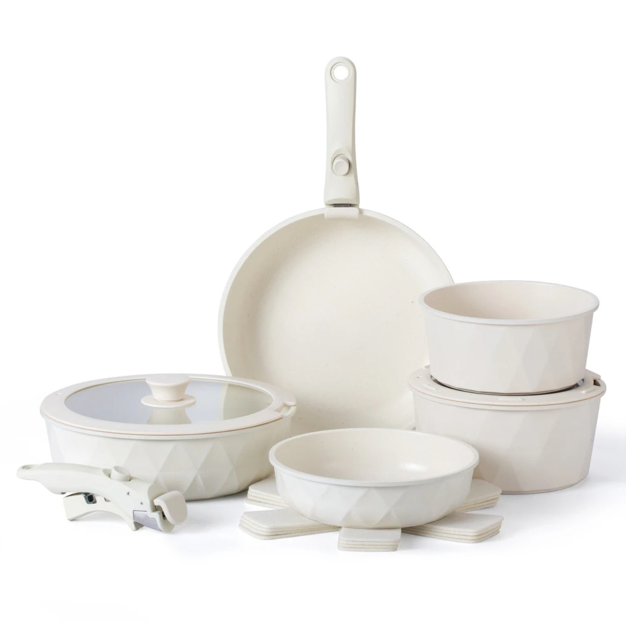 13 Pc Ceramic Nonstick Cookware Set Removable Handle RV Induction White