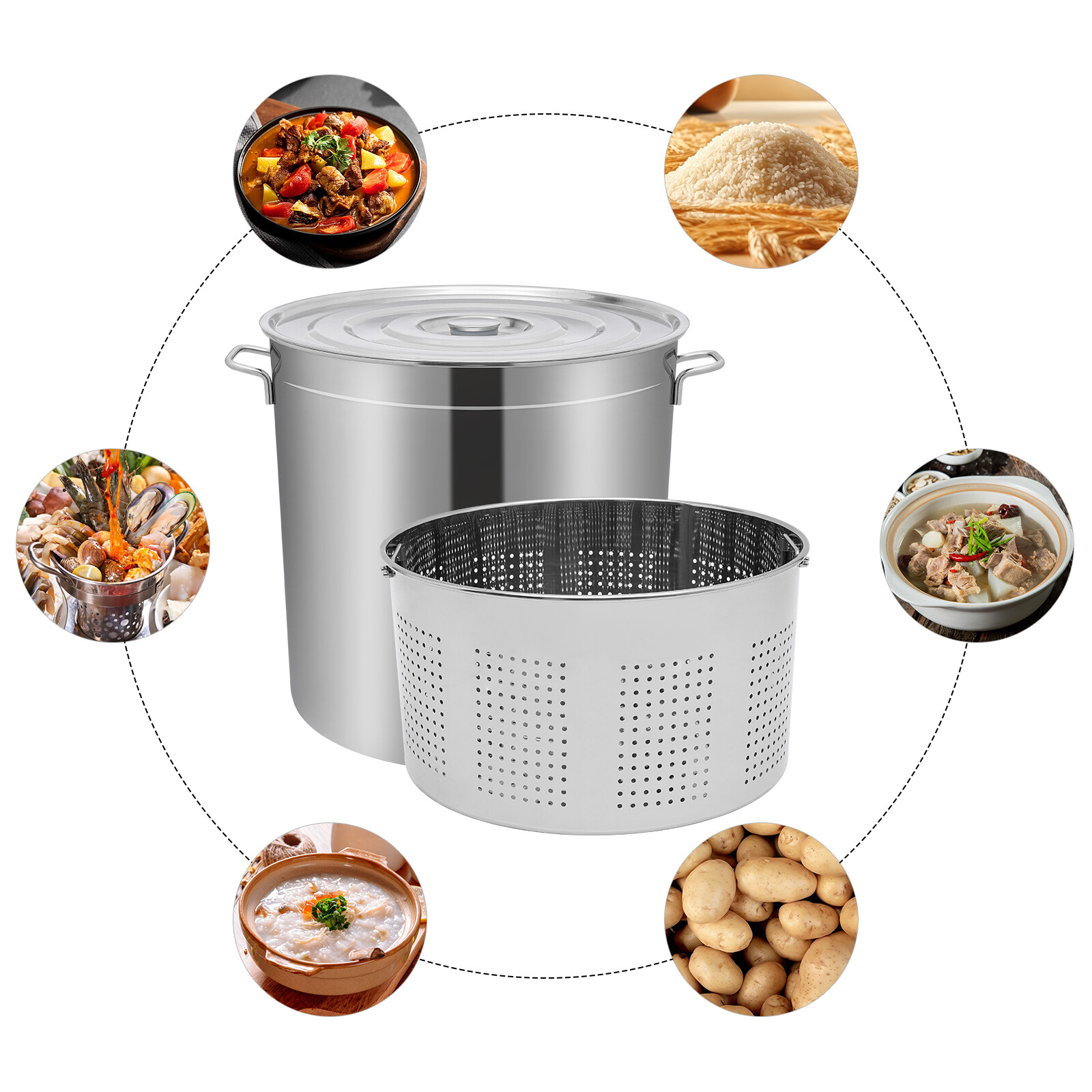50L (52.8 Qt) Stainless Steel Stock Pot With Perforated Basket & Lid